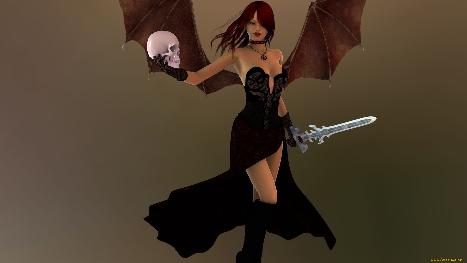 3д, графика, существа, , creatures, меч, череп, демон, фон, взгляд, девушка