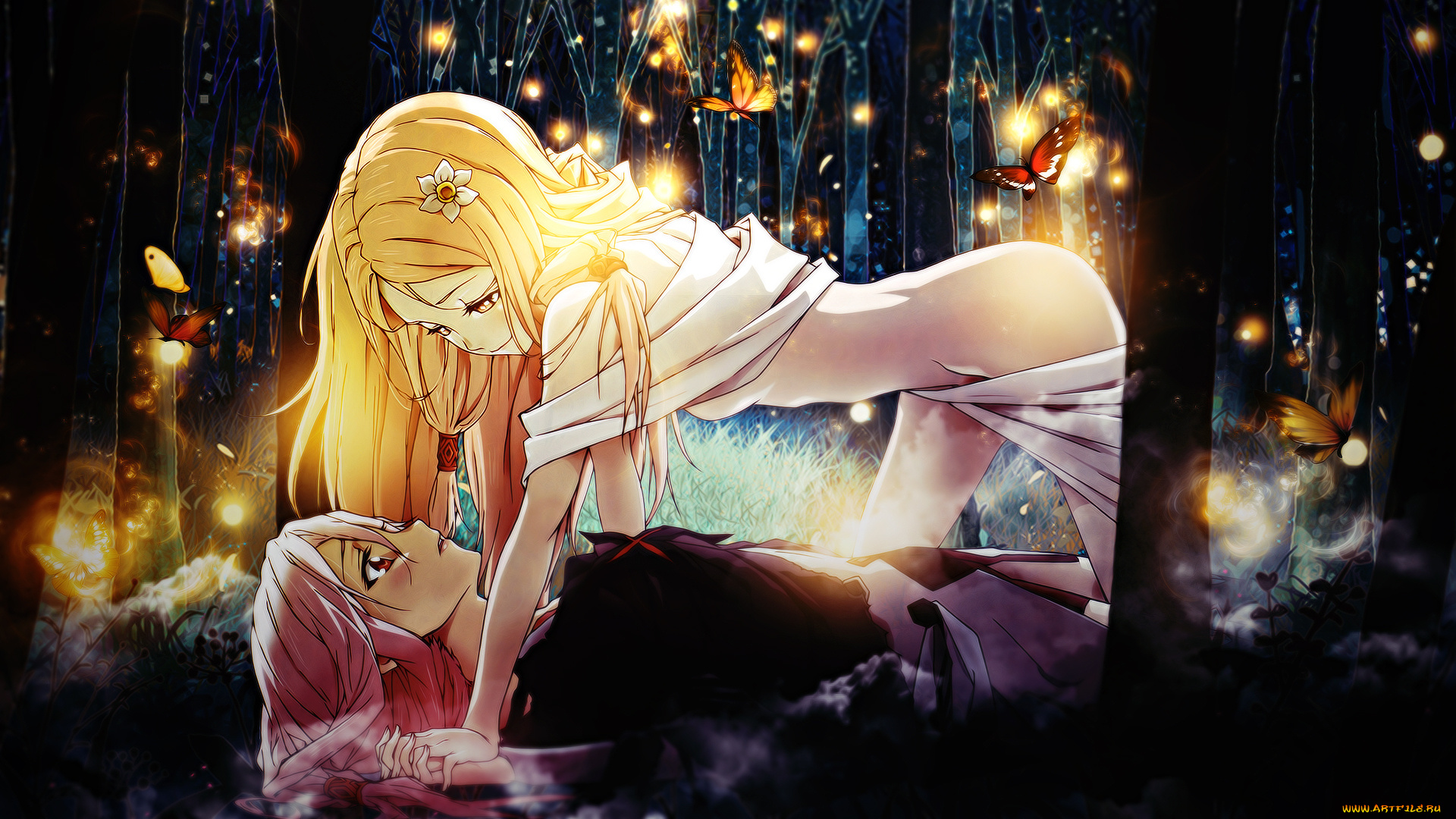 аниме, guilty, crown, цветок, заколка, туман, свет, yuzuriha, inori, ouma, mana, xxajisaixx, xxajisai-graphicxx, девушки, лес, бабочки, деревья