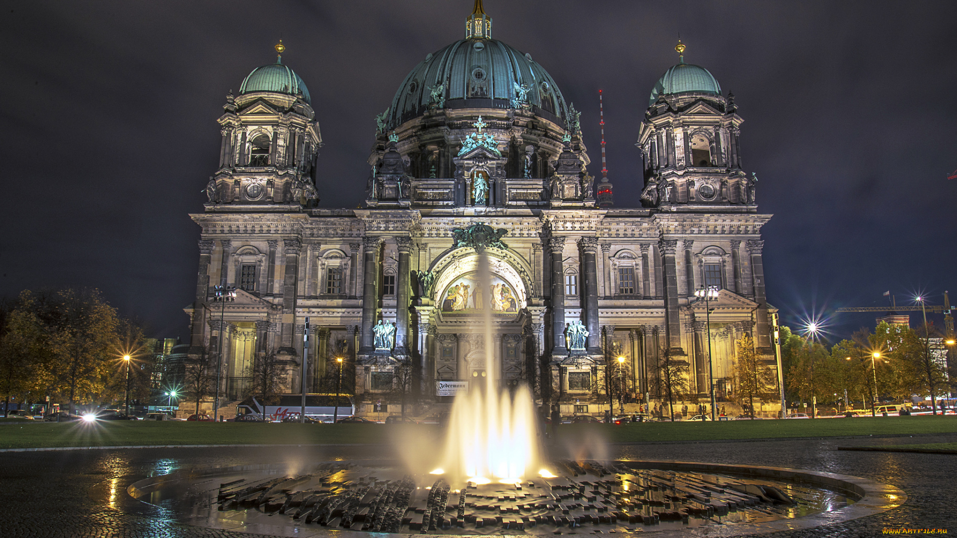 berliner, dom, города, берлин, , германия, площадь, ночь, дворец, фонтан