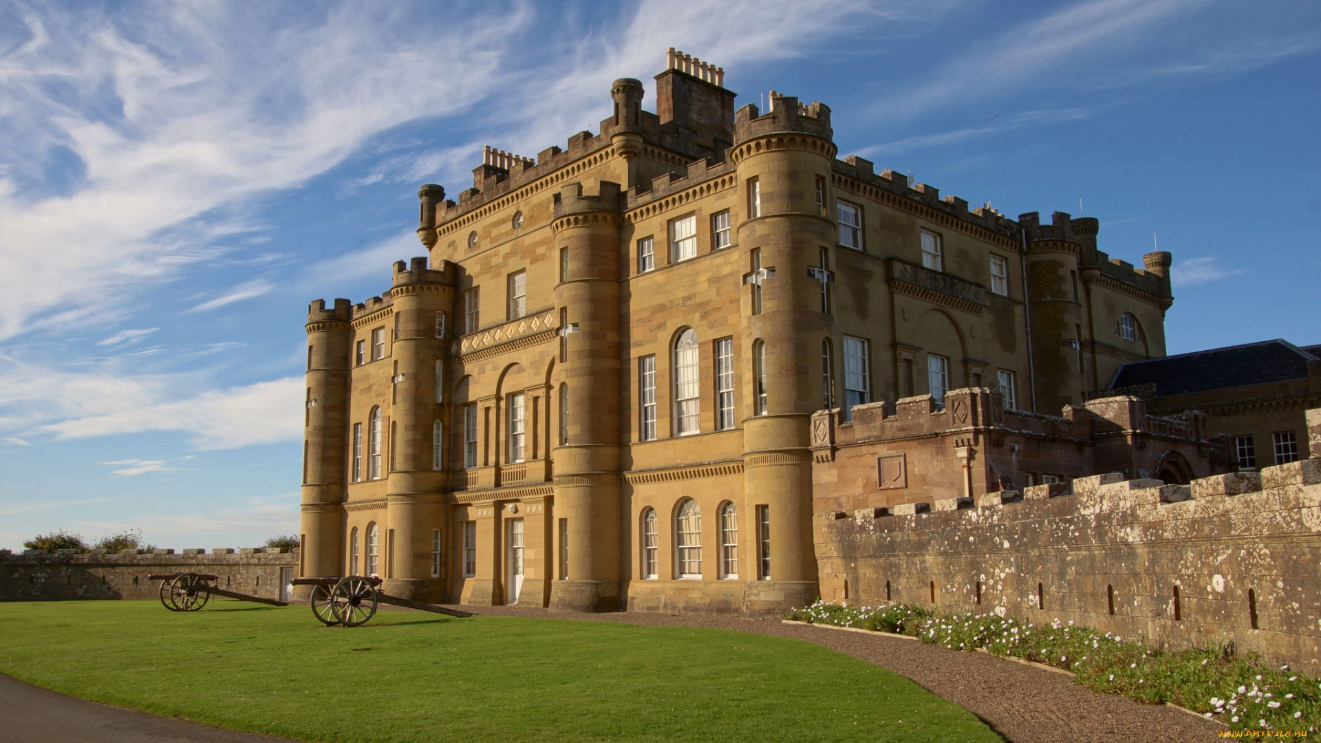 culzean, castle, города, -, дворцы, , замки, , крепости, дорожки, лужайка, пушки, замок