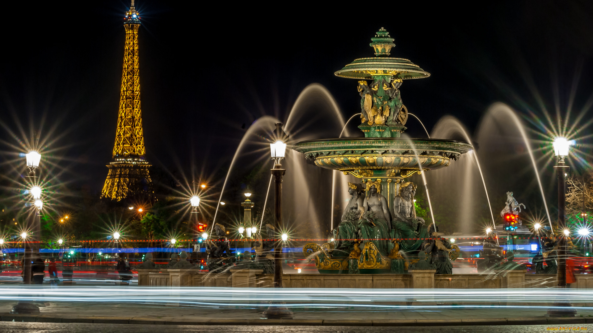 fontaine, de, la, place, de, la, concorde, , la, tour, eiffel, en, arri&, 232, re, plan, , paris, города, париж, , франция, ночь, башня, фонтан, площадь