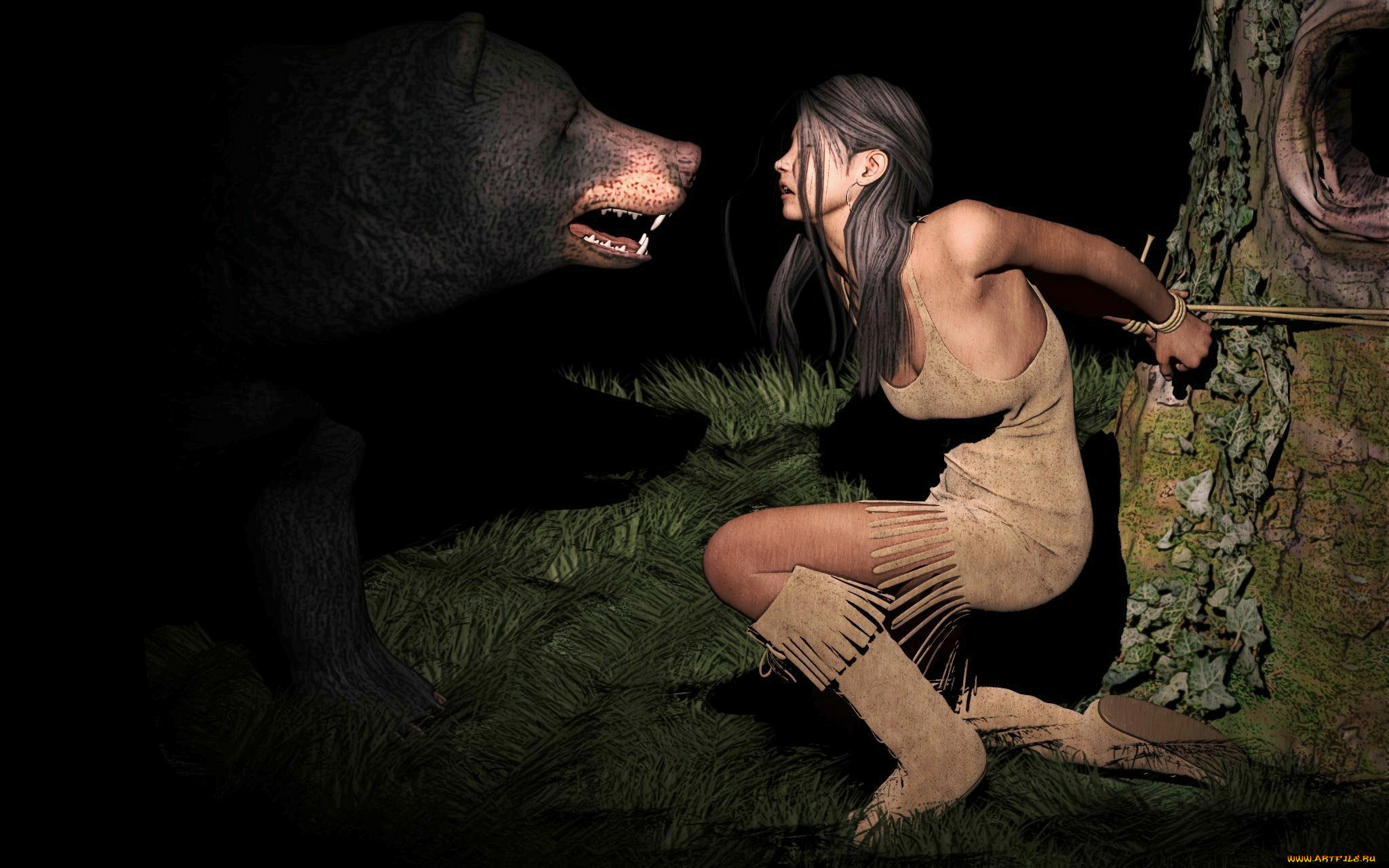 3д, графика, фантазия, , fantasy, веревка, меедведь, фон, взгляд, девушка