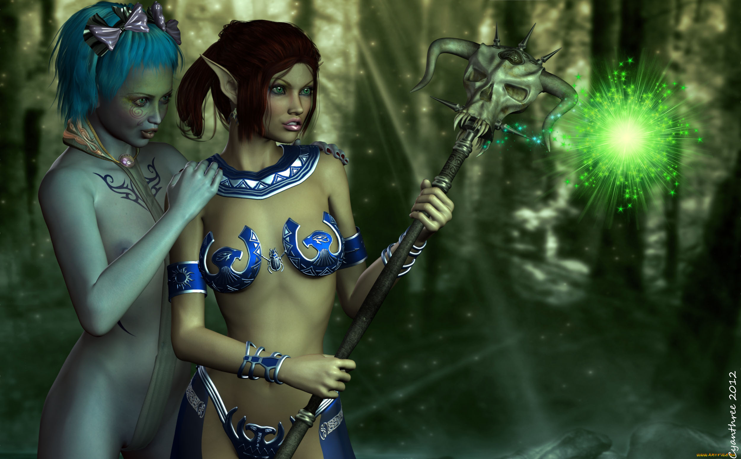 3д, графика, эльфы, , elves, магия, эльфийки, взгляд, шест, фон