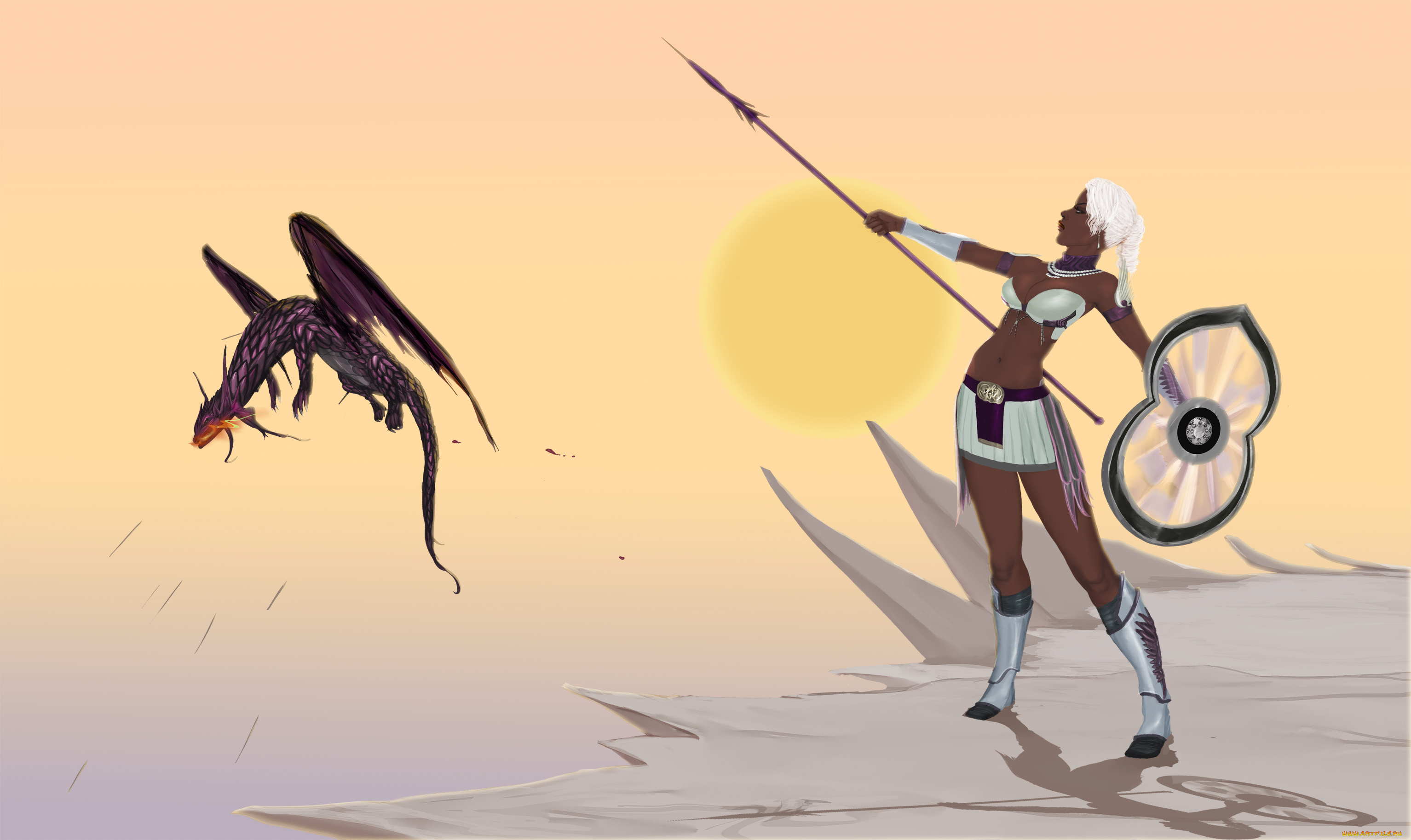 3д, графика, фантазия, , fantasy, девушка, копье, дракон, фон, взгляд