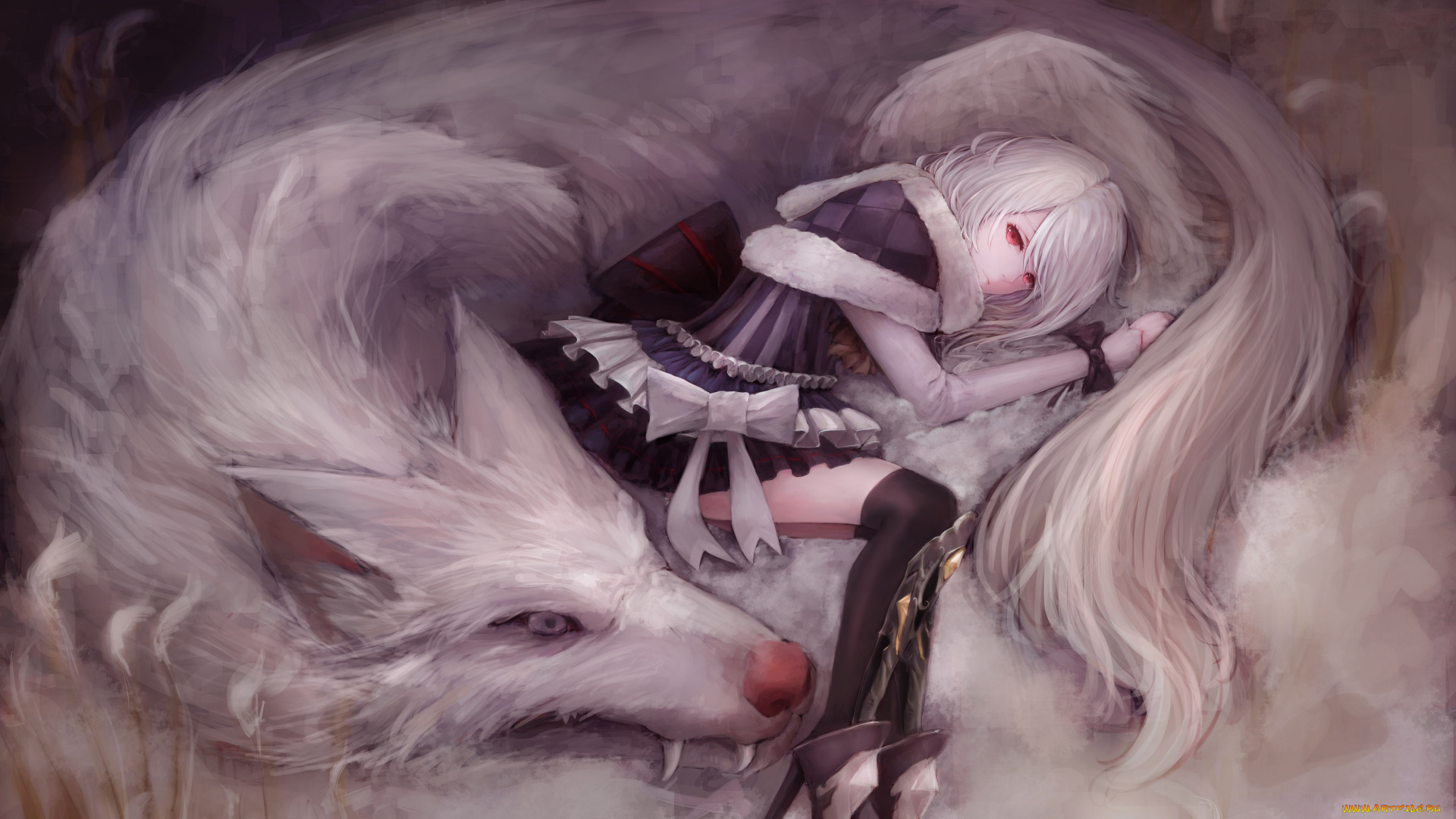 аниме, животные, , существа, yukineko, арт, волк, девушка