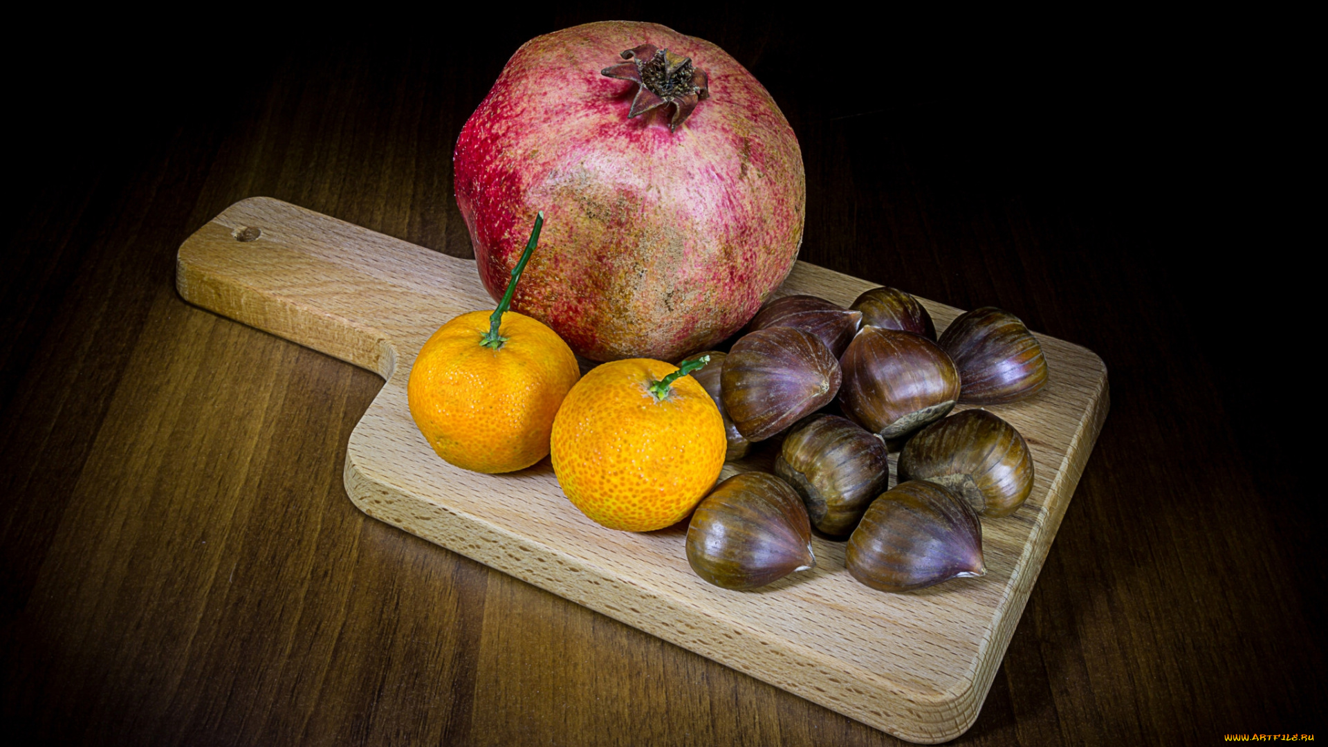 еда, разное, мандарины, гранат, каштаны