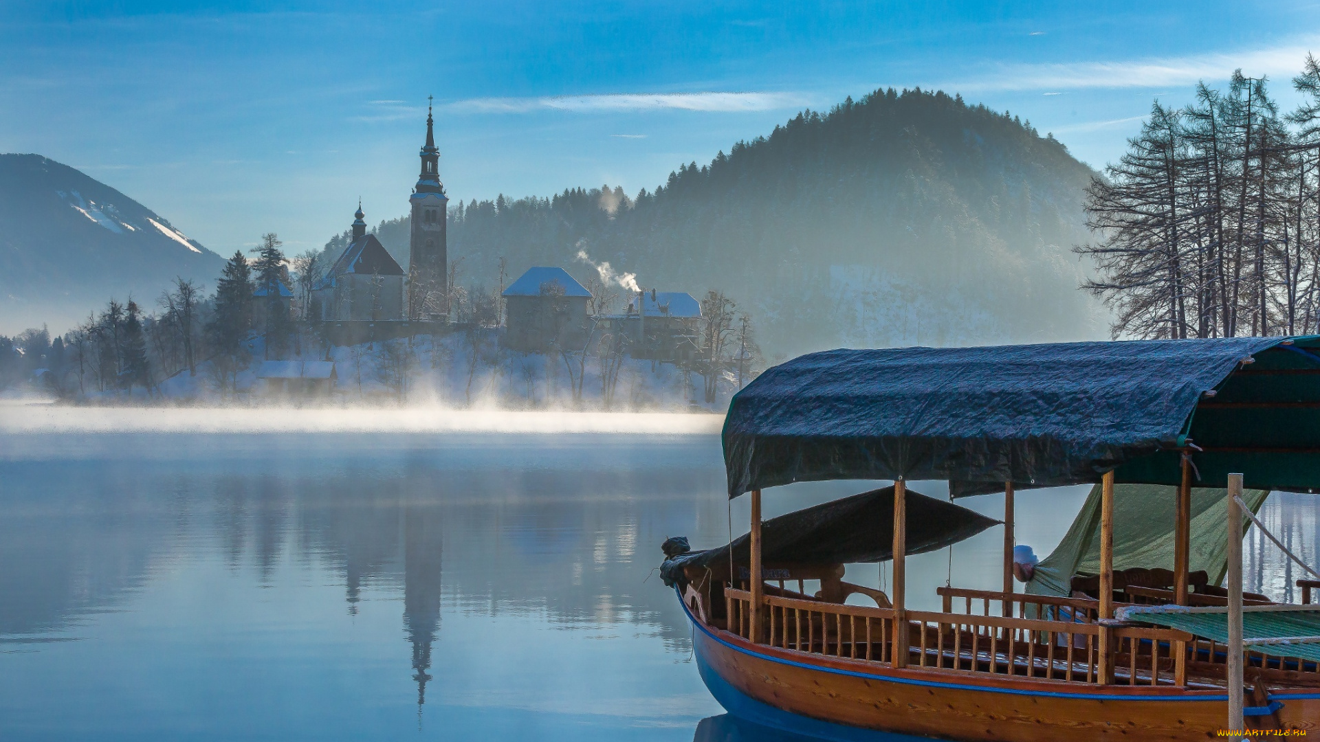 корабли, лодки, , шлюпки, горы, лес, городок, водоём, лодка, холод