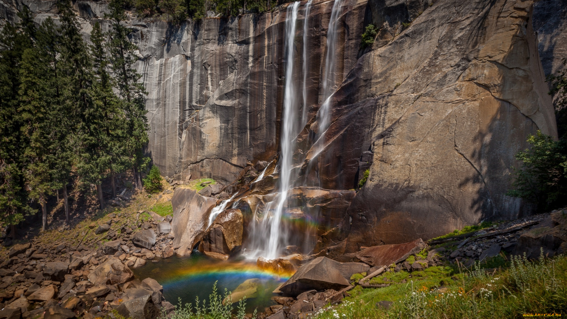 природа, водопады, горы, радуга, водопад