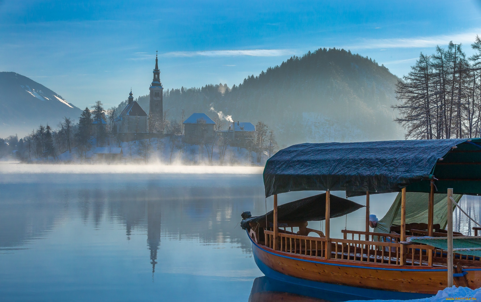 корабли, лодки, , шлюпки, горы, лес, городок, водоём, лодка, холод