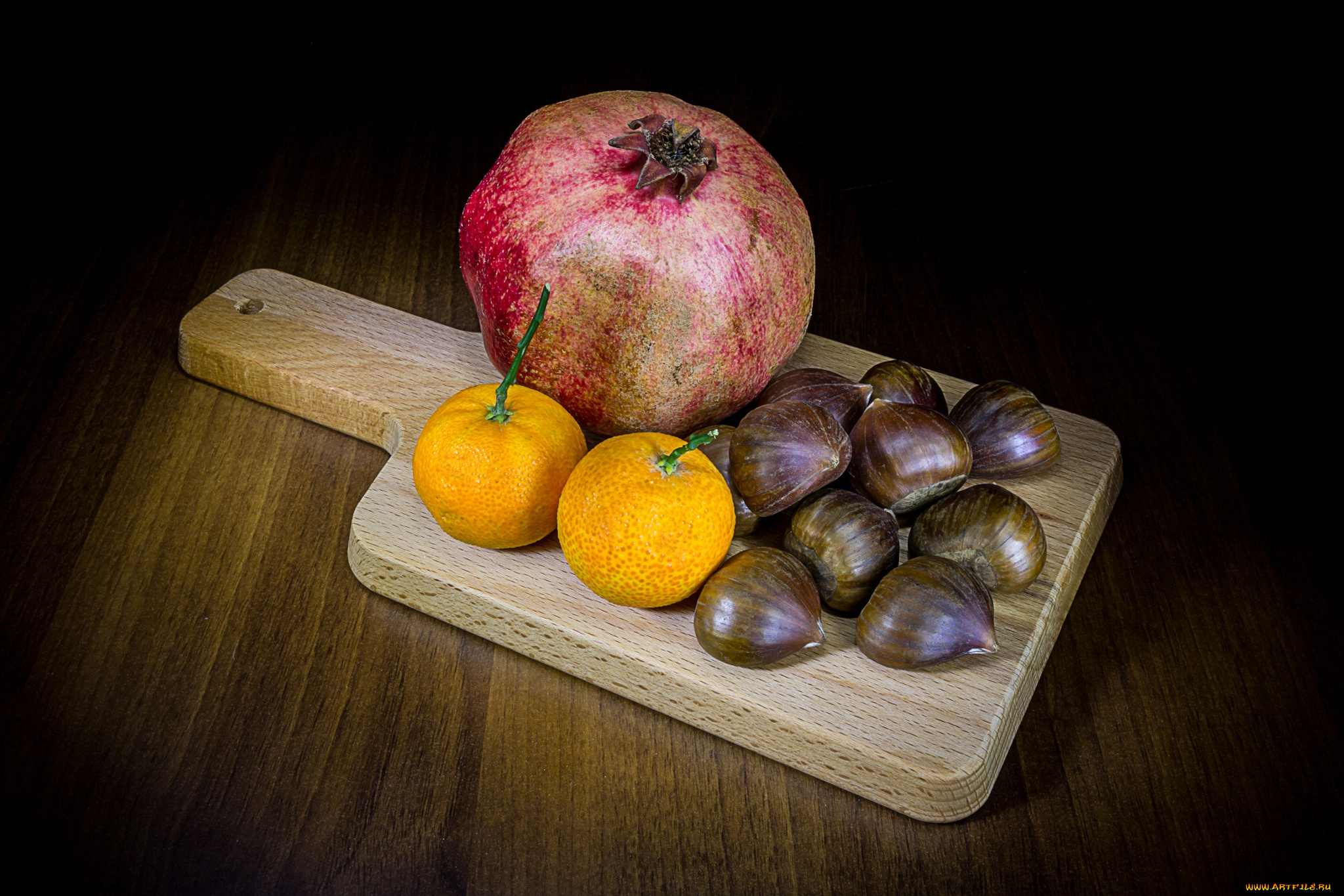 еда, разное, мандарины, гранат, каштаны