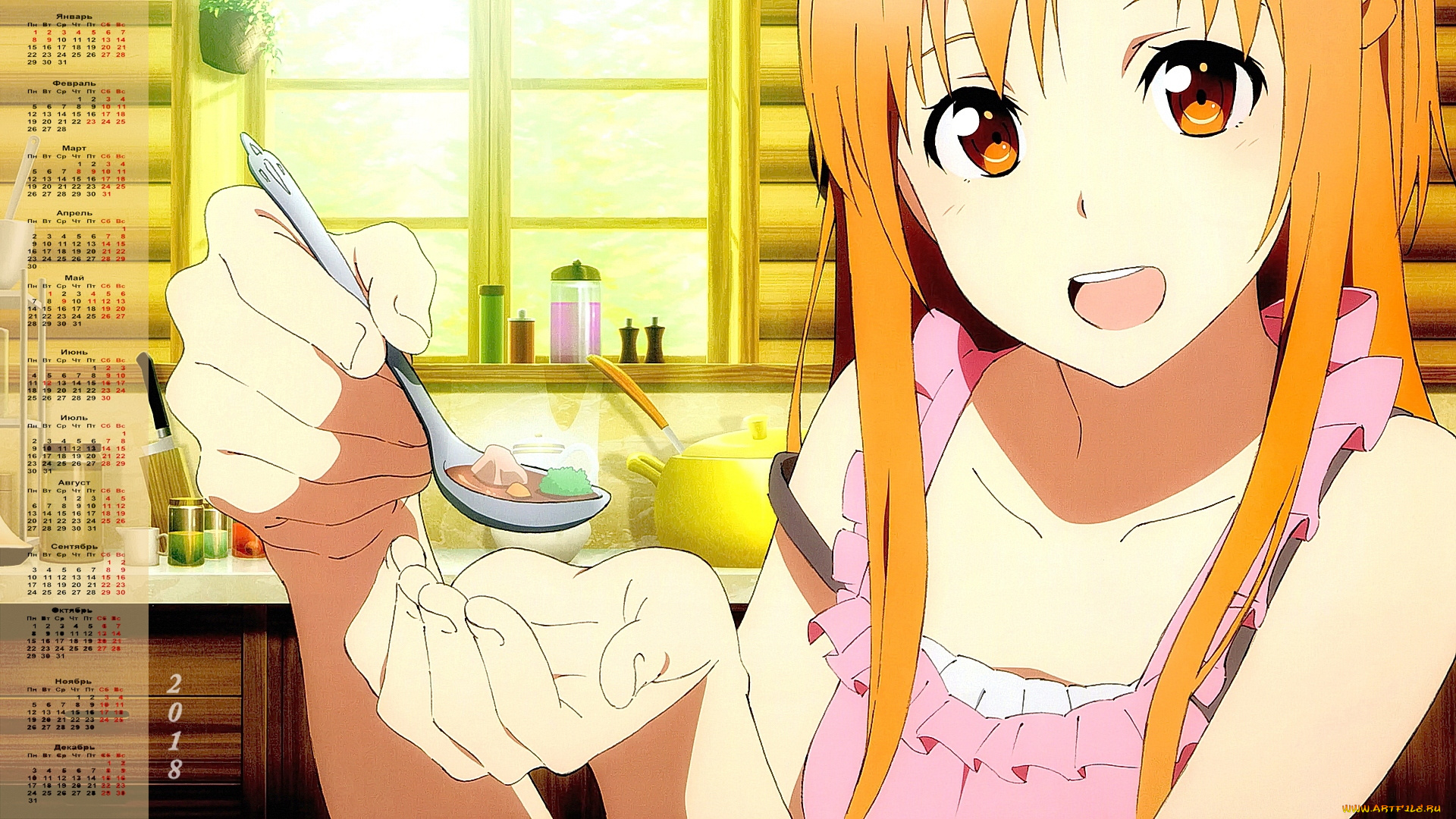 календари, аниме, девушка, 2018, ложка, посуда, лицо, взгляд
