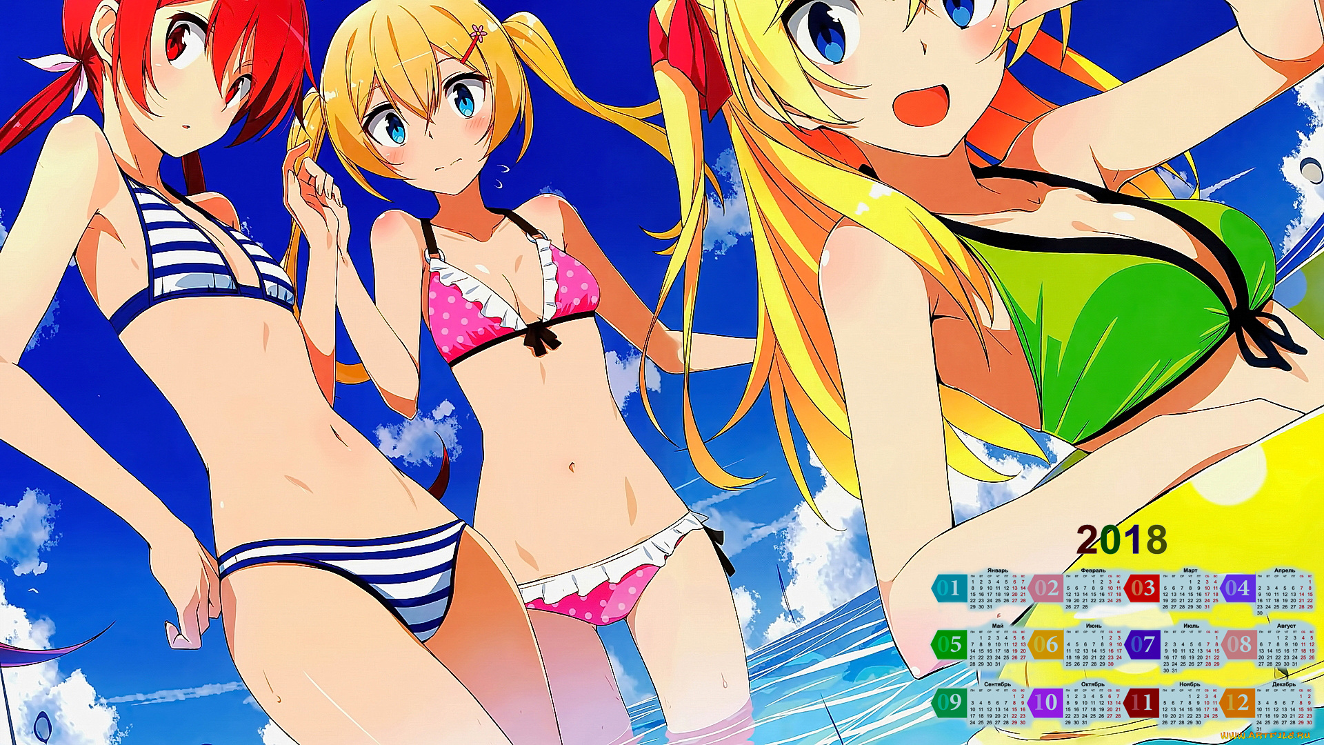календари, аниме, купальник, вода, взгляд, девушка, 2018