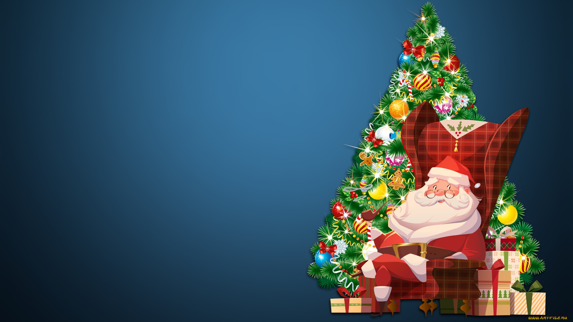 праздничные, векторная, графика, , новый, год, фон, настроение, украшения, праздник, кресло, елка, минимализм, новый, год, санта, игрушки, подарки, Ёлка, клаус