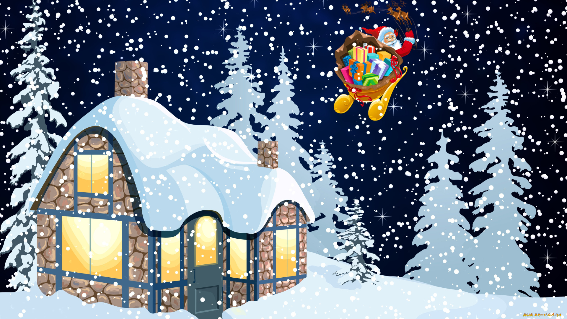 праздничные, векторная, графика, , новый, год, фон, настроение, минимализм, зима, санта, новый, год, праздник, дом, олени, ночь, снег, клаус