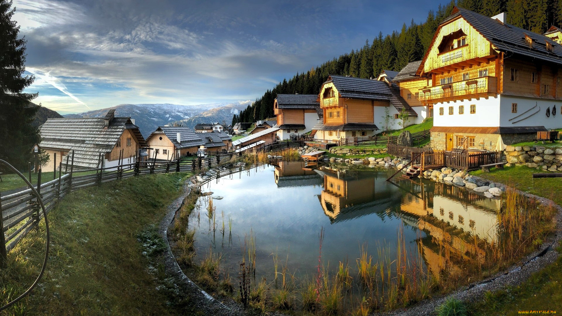 города, -, улицы, , площади, , набережные, дома, пруд, отражение