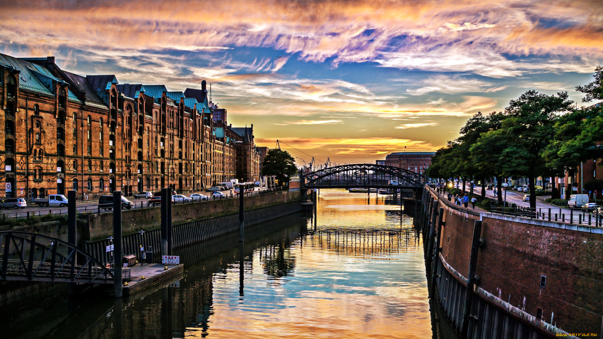 города, гамбург, , германия, река, мост