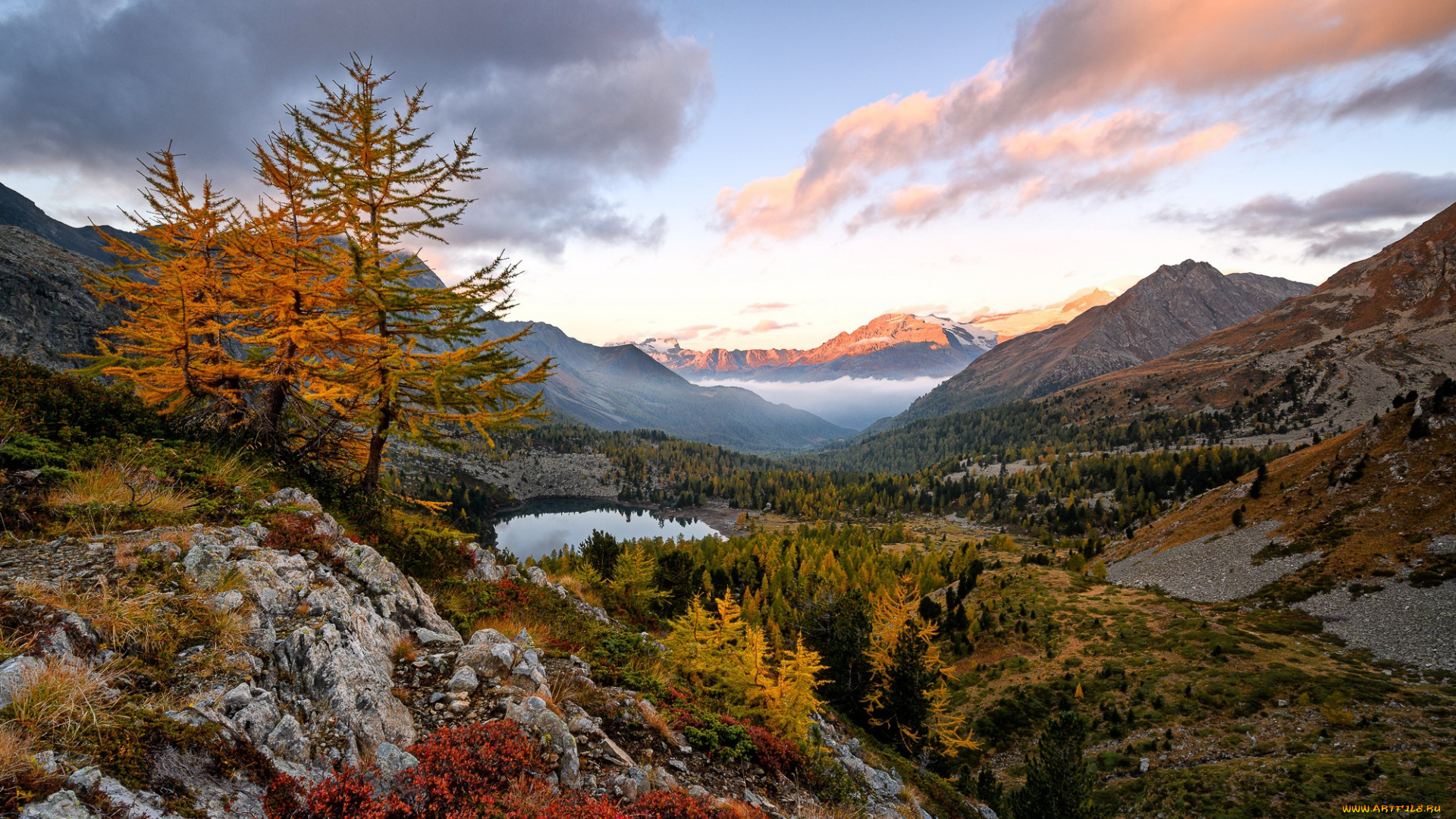 природа, пейзажи, северная, америка, сша, озера, пейзаж, закат, вечер, желтый, осенний, долина