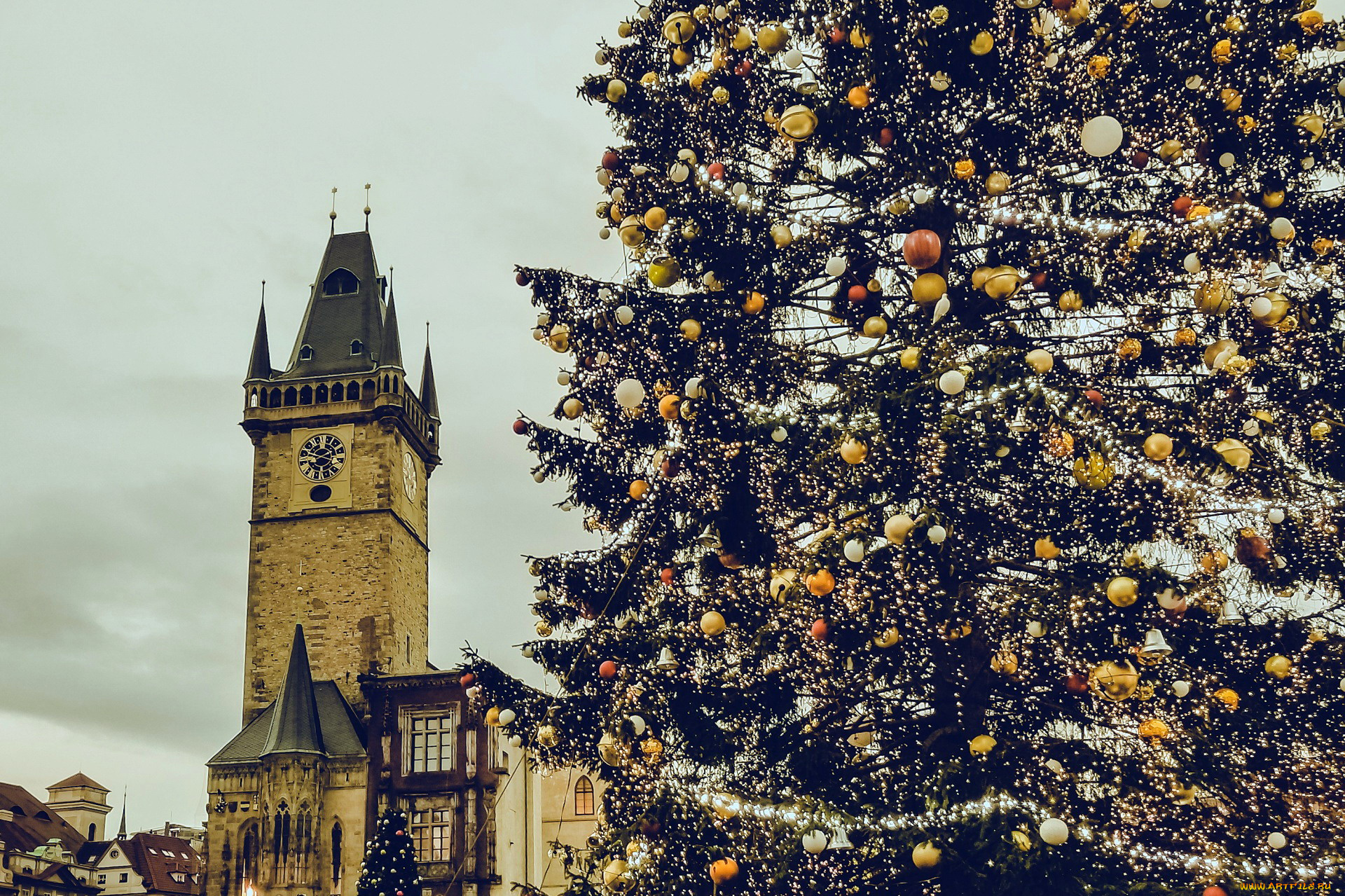 города, прага, , Чехия, башня, часы, елка