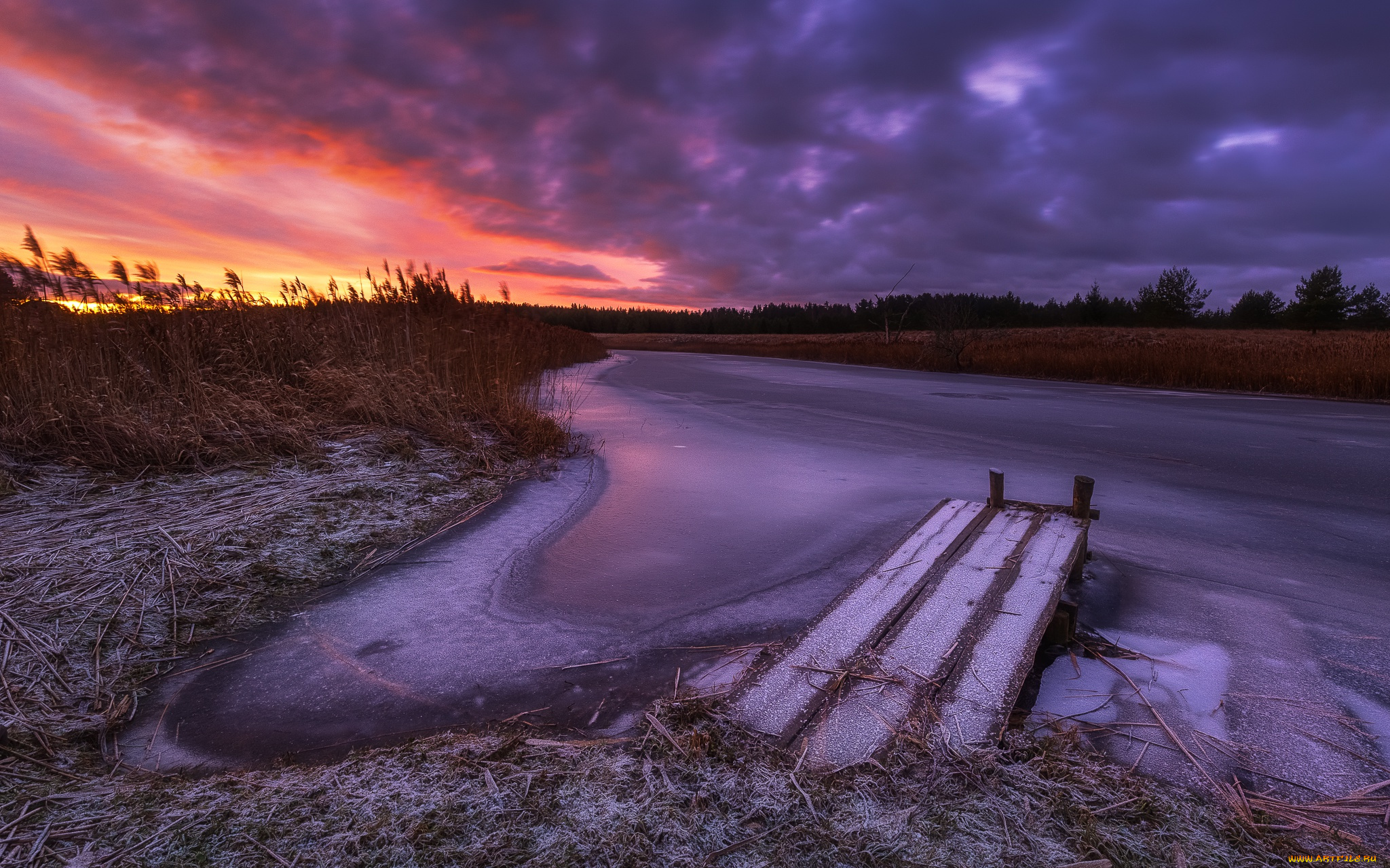 природа, восходы, закаты, закат, небо, зима, река