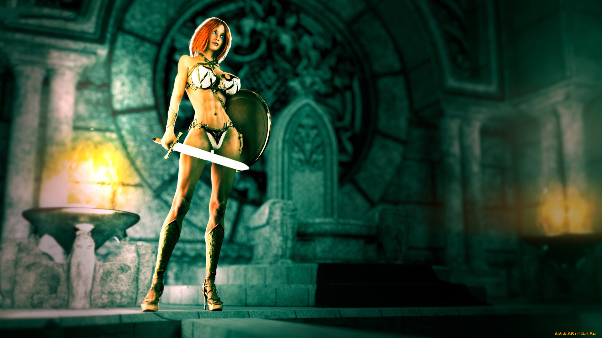 3д, графика, амазонки, , amazon, девушка, фон, взгляд, щит, меч