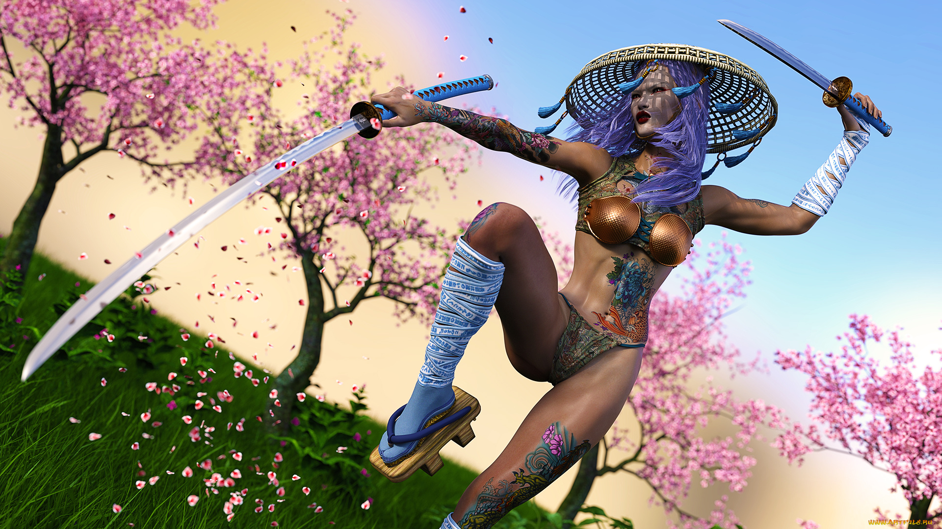 3д, графика, фантазия, , fantasy, девушка, поза, тату, катана, фон