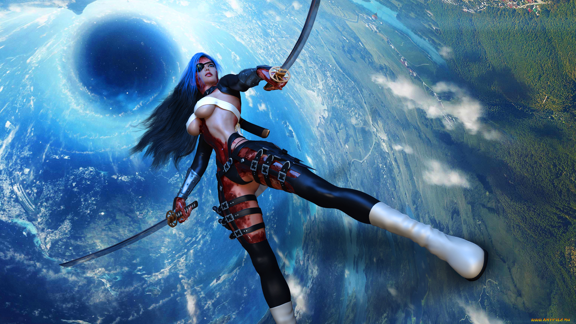 3д, графика, фантазия, , fantasy, кровь, униформа, катана, фон, девушка