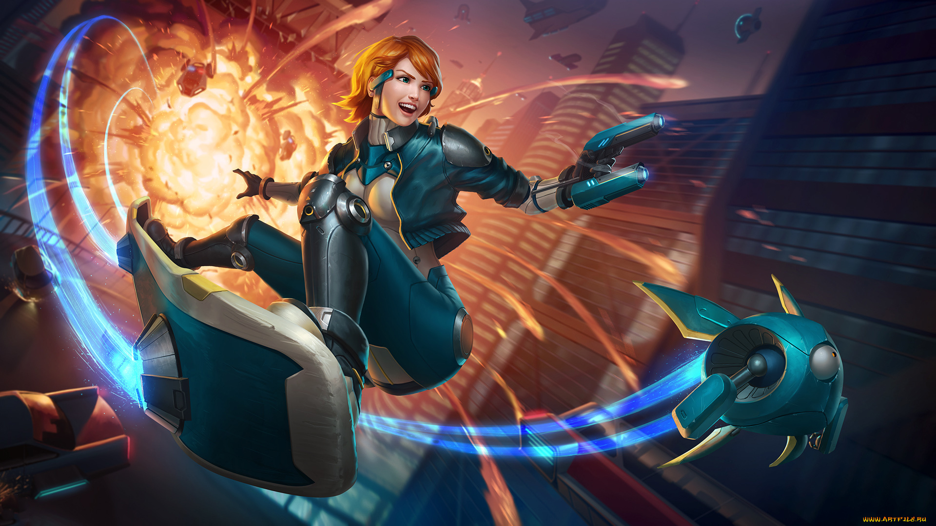 видео, игры, league, of, legends, скейт, полет, униформа, улыбка, фон, девушка