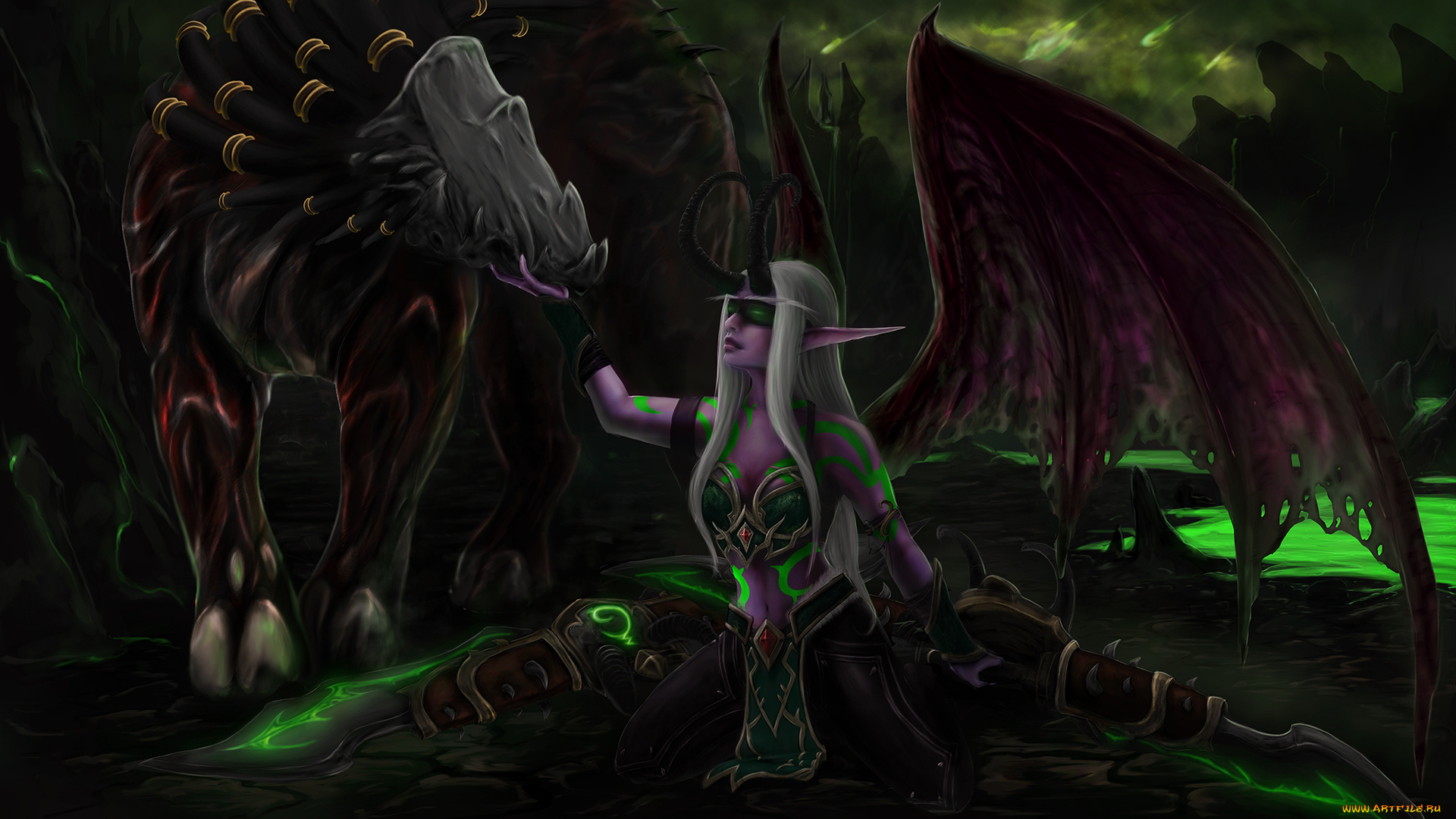 видео, игры, world, of, warcraft, рога, крылья, фон, девушка
