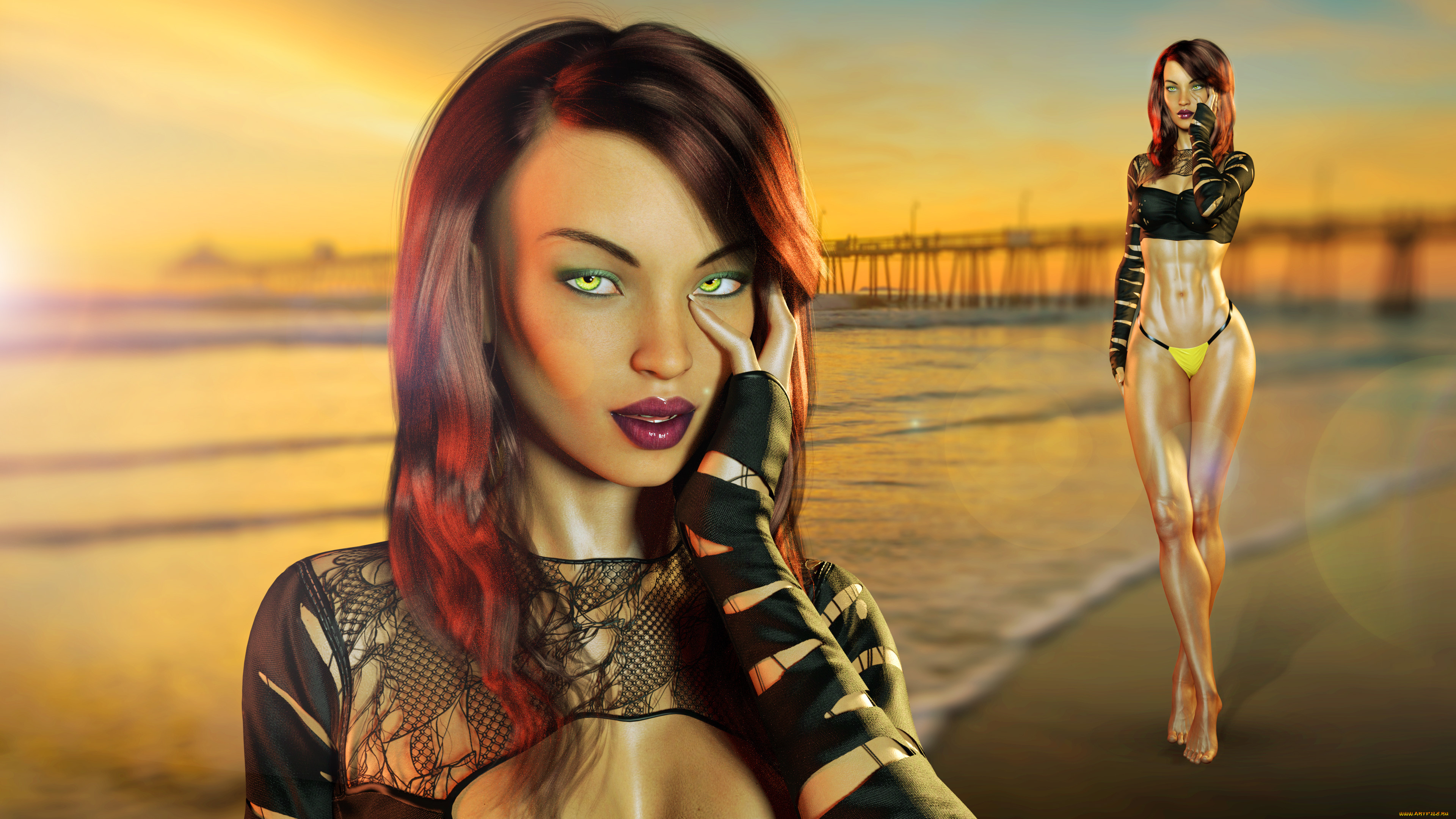 3д, графика, люди, , people, фон, девушка, вода, пляж, взгляд