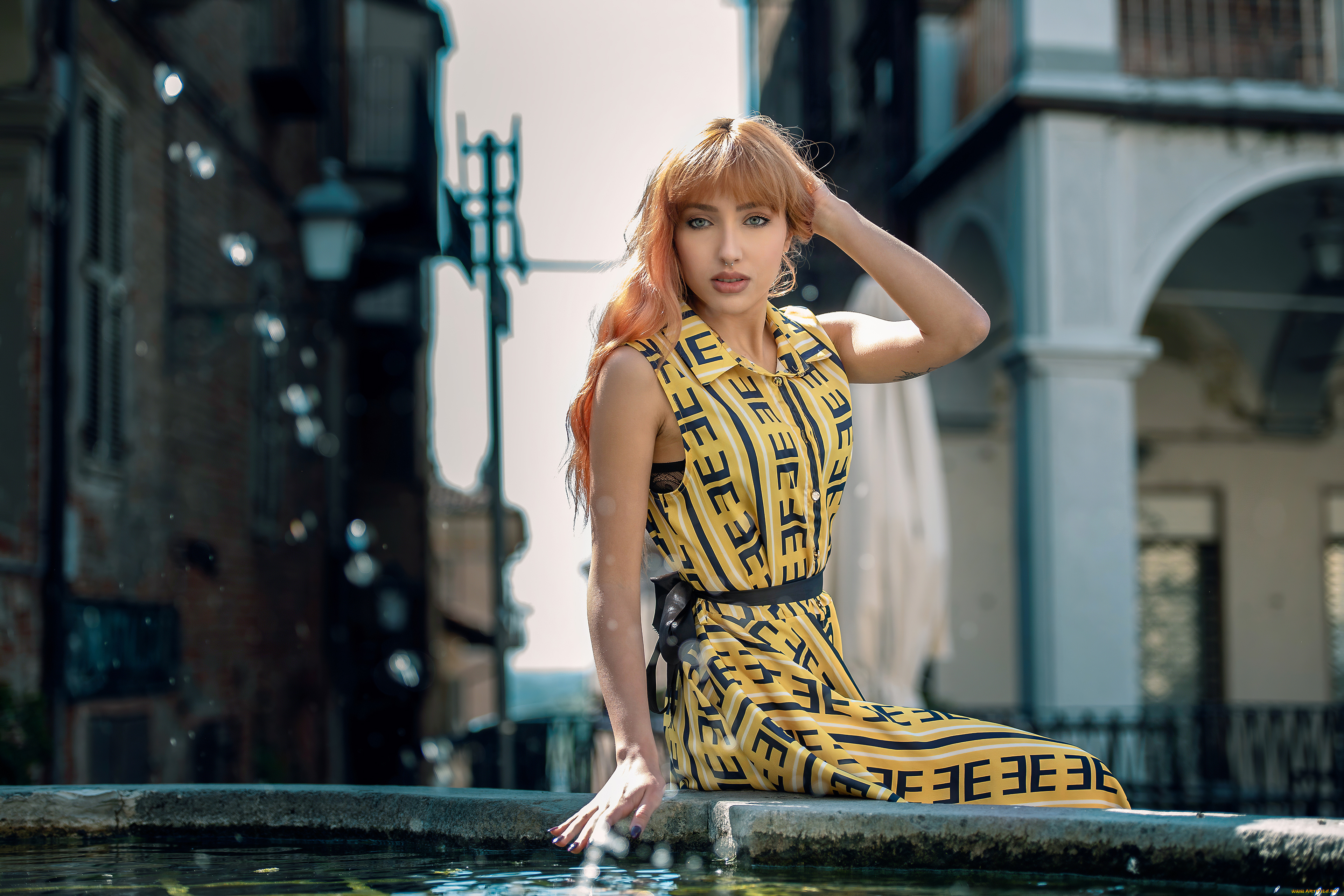 девушки, -unsort, , рыжеволосые, и, другие, город, francesca, девушка, желтое, платье, тату, пирсинг