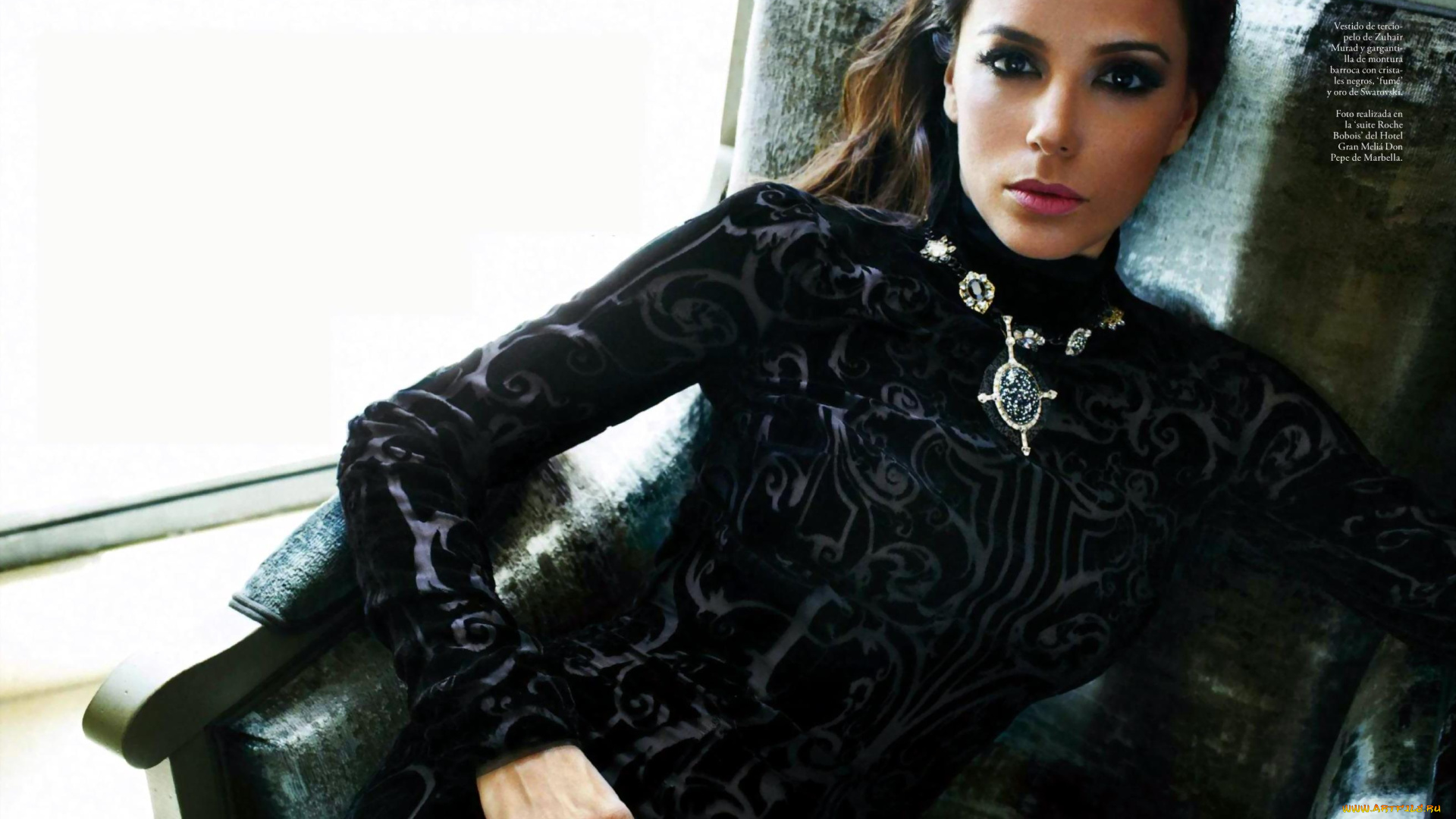 девушки, eva, longoria, актриса, шатенка, украшения, платье, кресло