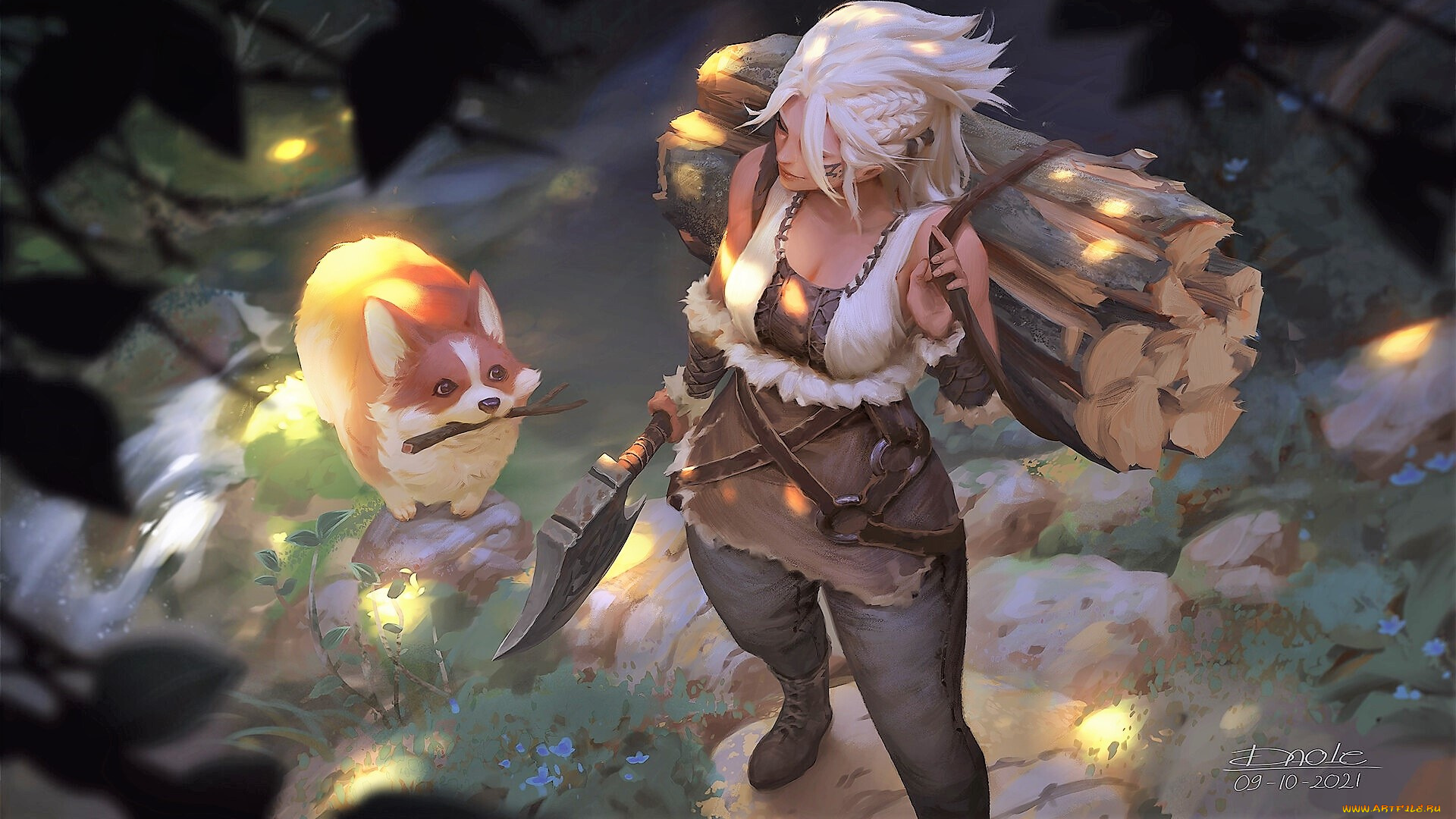 фэнтези, девушки, девушка, дрова, топор, собака