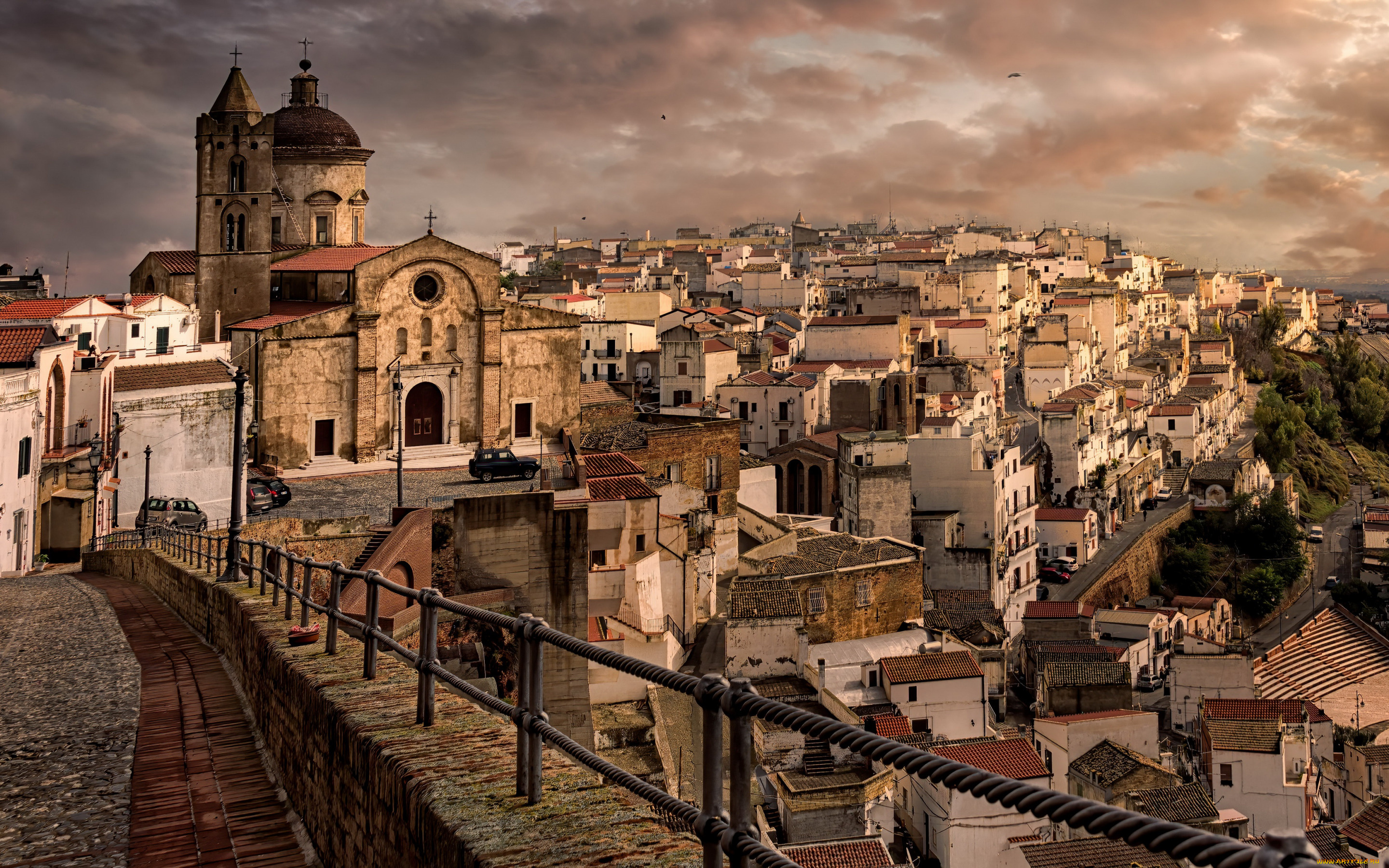 города, -, панорамы, коммуна, италия, регион, базиликата, пистиччи, церковь, вечер, закат, городской, вид, матера