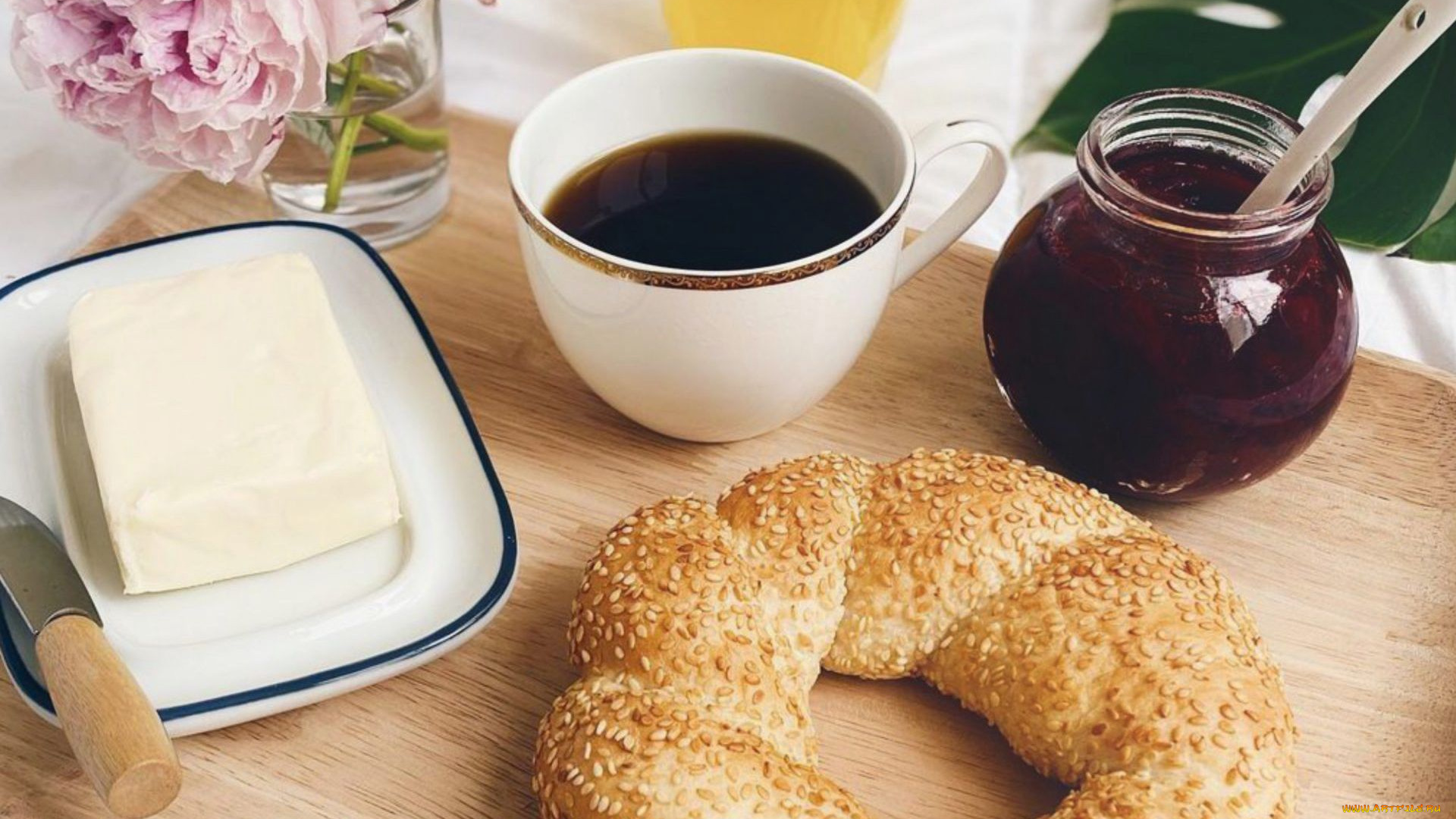 еда, разное, бейгл, масло, кофе, джем, завтрак