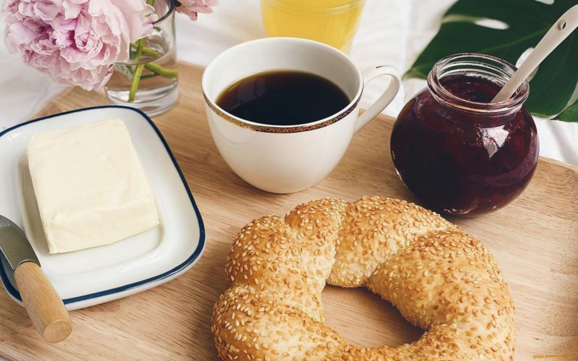 еда, разное, бейгл, масло, кофе, джем, завтрак