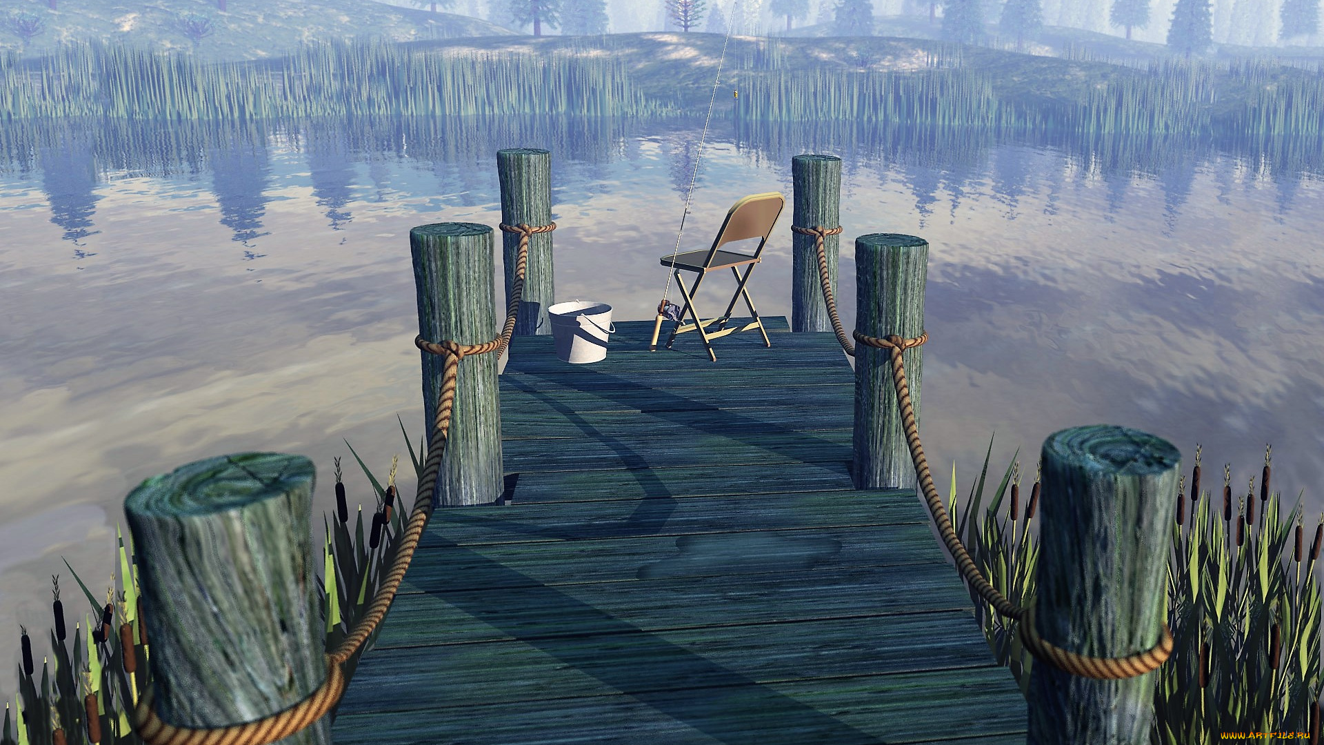 3д, графика, природа, , nature, озеро, мостки, стул