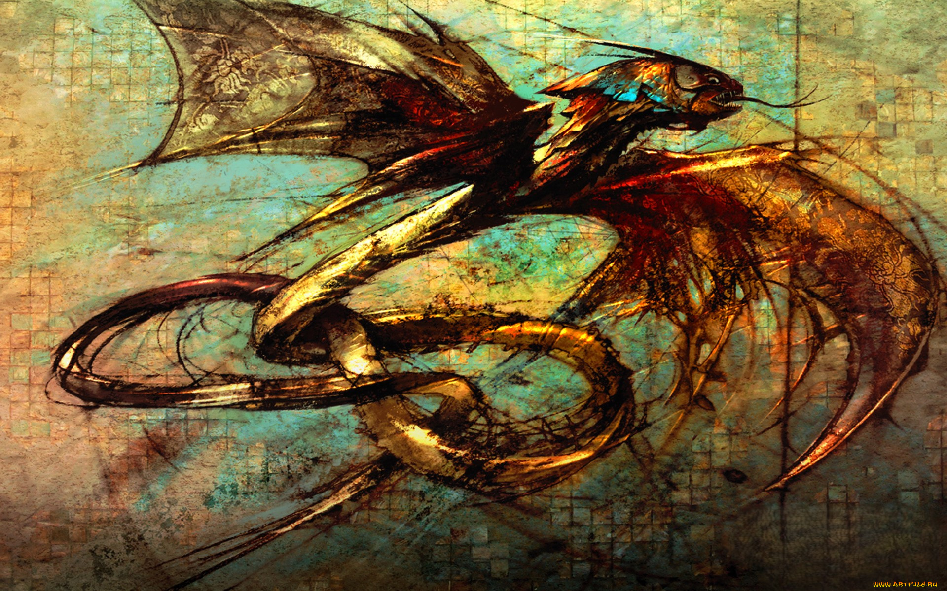 видео, игры, guild, wars, змей, крылья, существо, мозаика