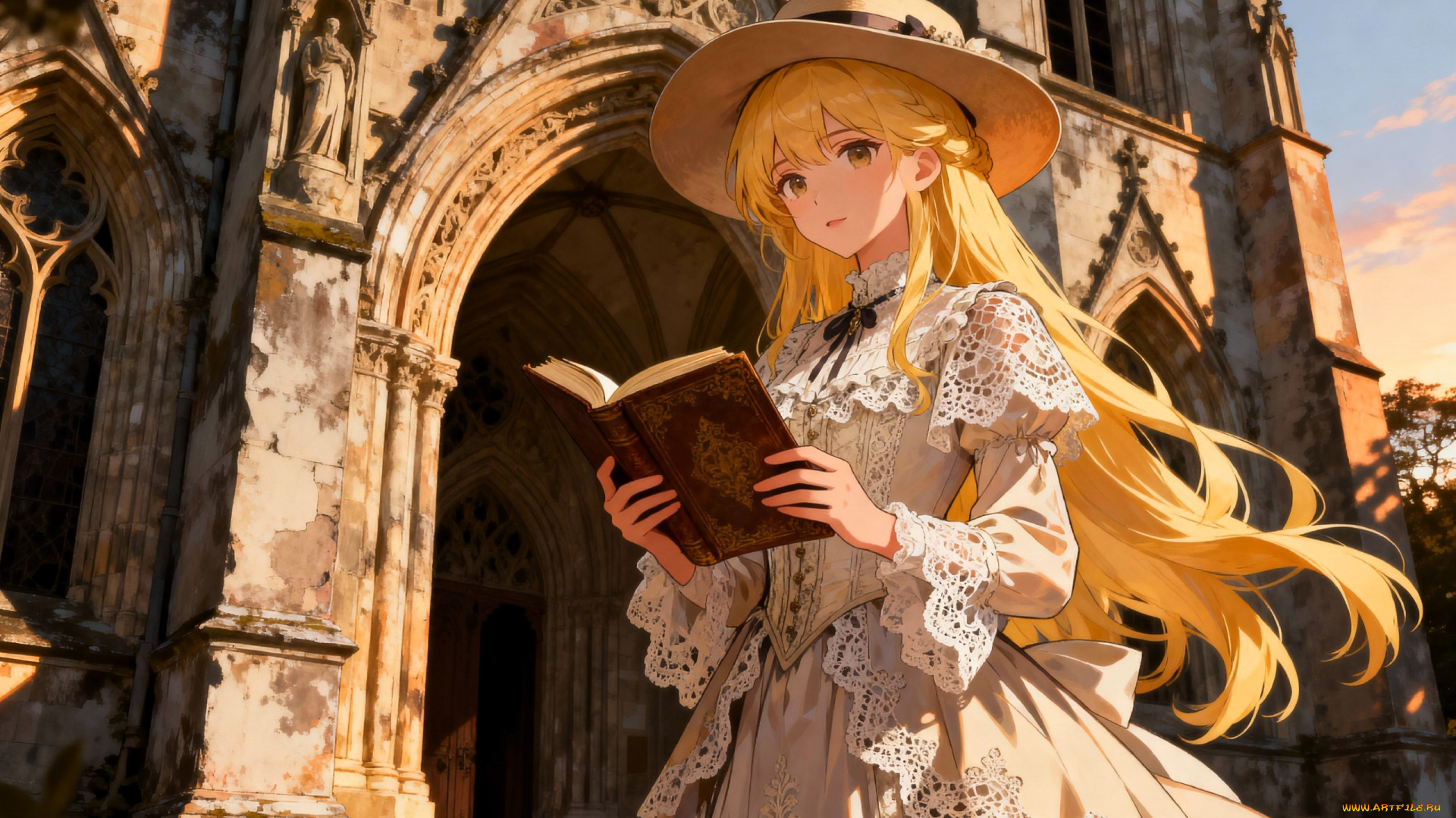 аниме, unknown, , другое, , девушка, шляпа, платье, книга, собор