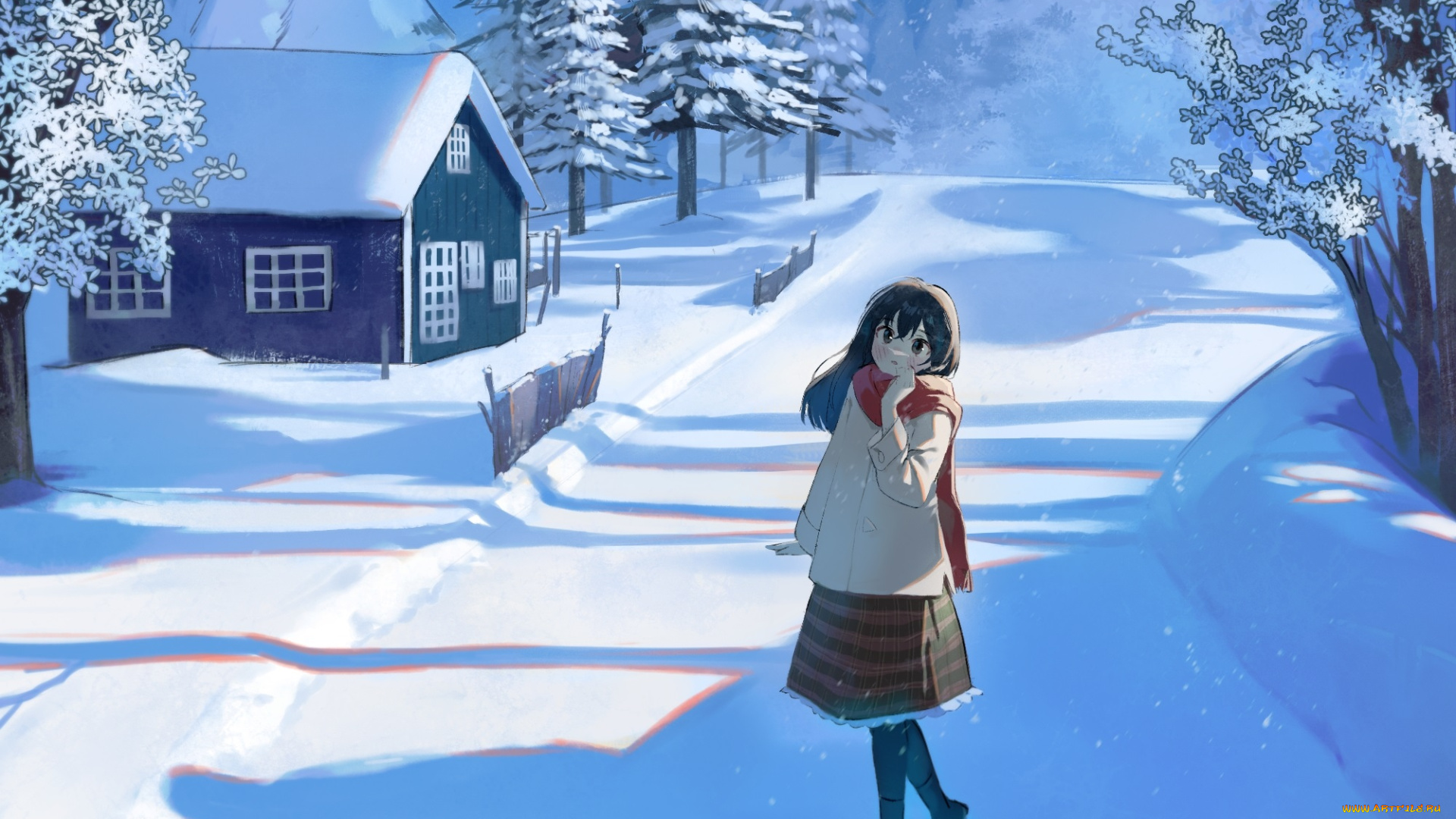 аниме, зима, , новый, год, , рождество, пейзаж