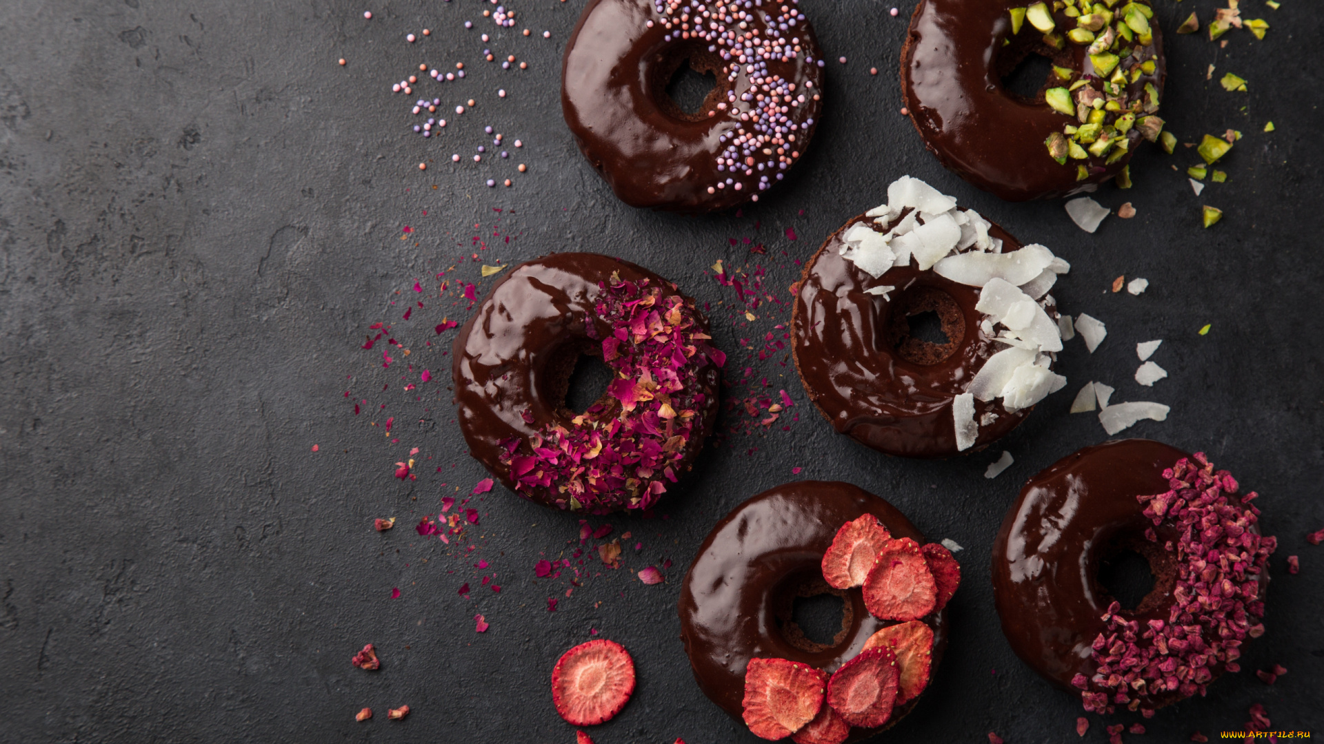 еда, хлеб, , выпечка, шоколадные, пончики, посыпка