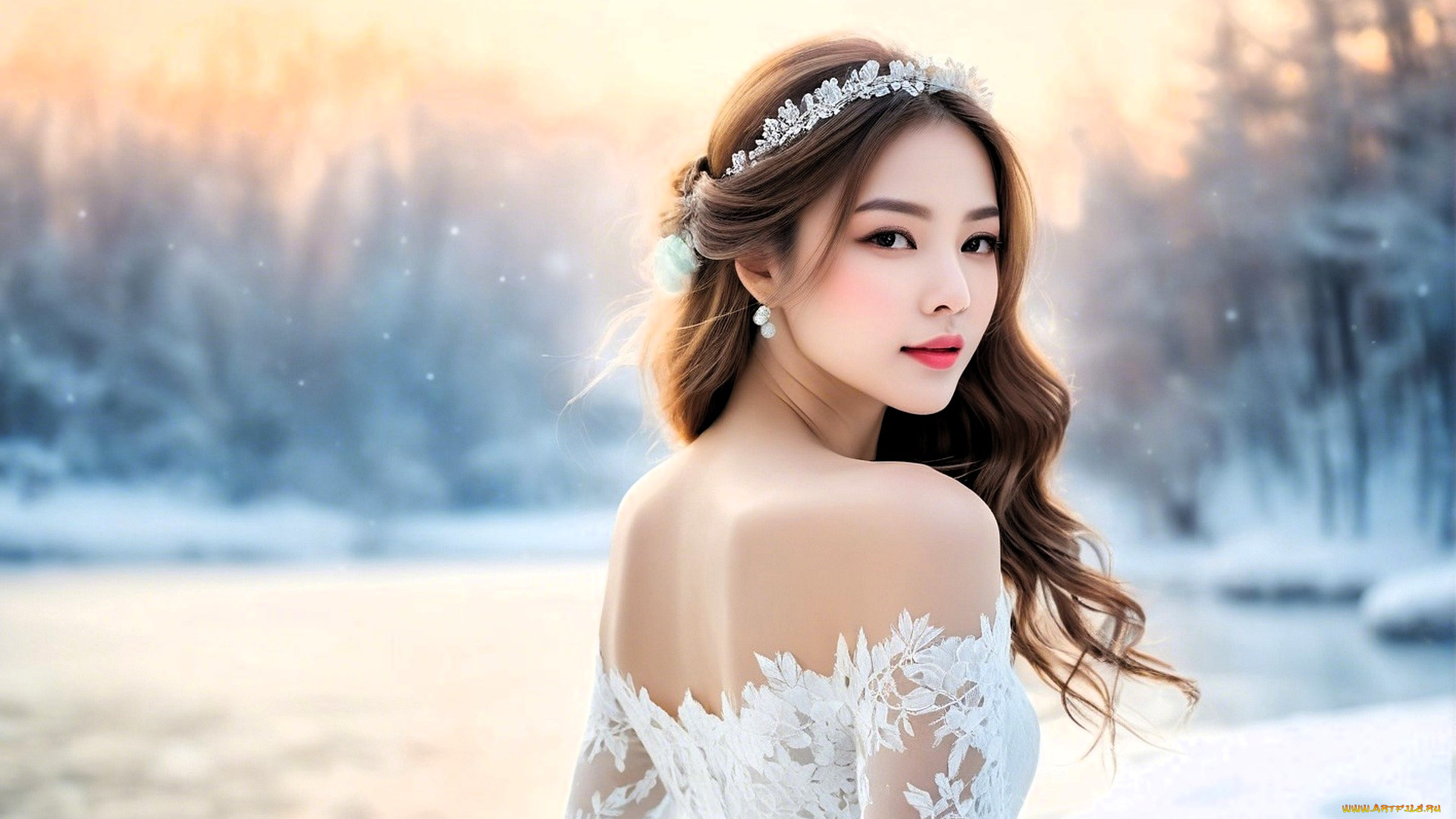разное, компьютерный, дизайн, девушка, азиатка, диадема, платье, природа, снег, зима