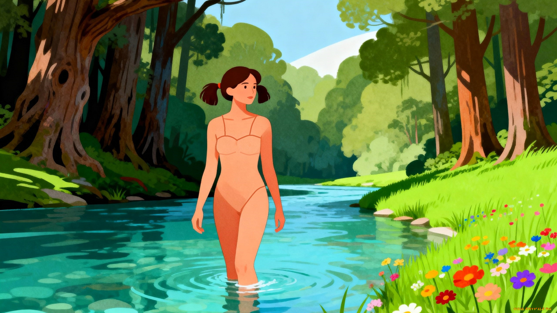 рисованное, люди, девушка, шатенка, купальник, лес, река, трава, цветы
