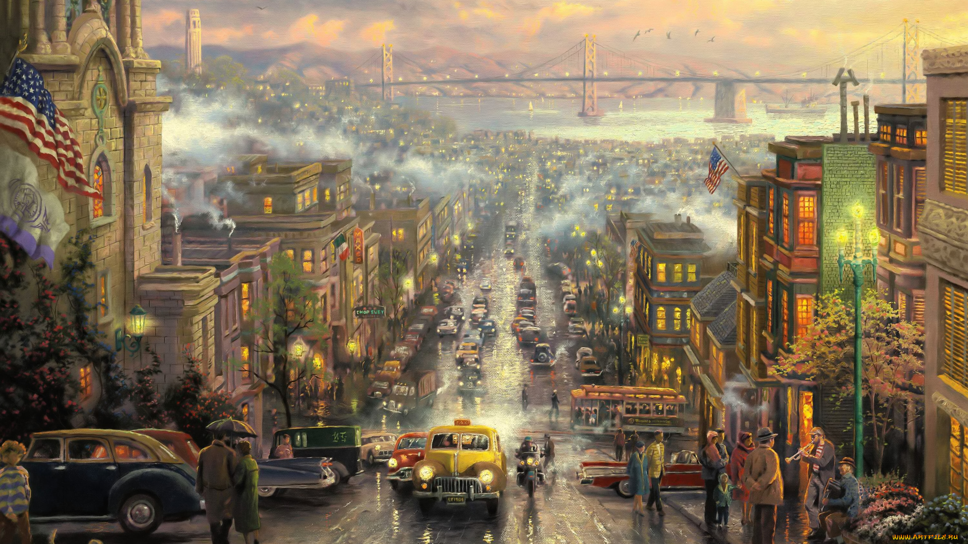 рисованное, thomas, kinkade, сан-франциско, город, улицы, люди, транспорт