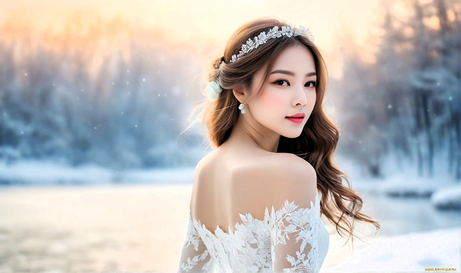 разное, компьютерный, дизайн, девушка, азиатка, диадема, платье, природа, снег, зима