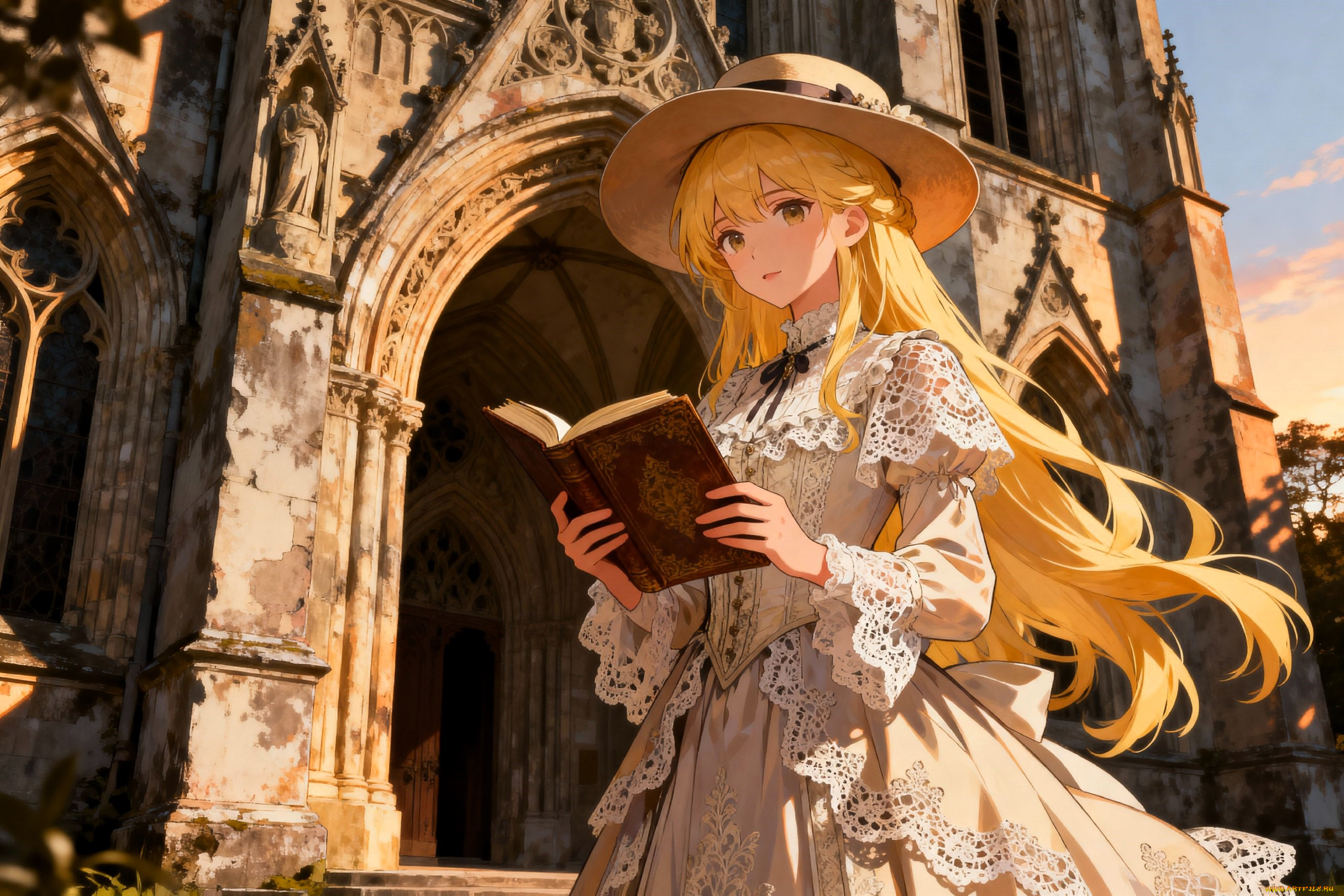 аниме, unknown, , другое, , девушка, шляпа, платье, книга, собор