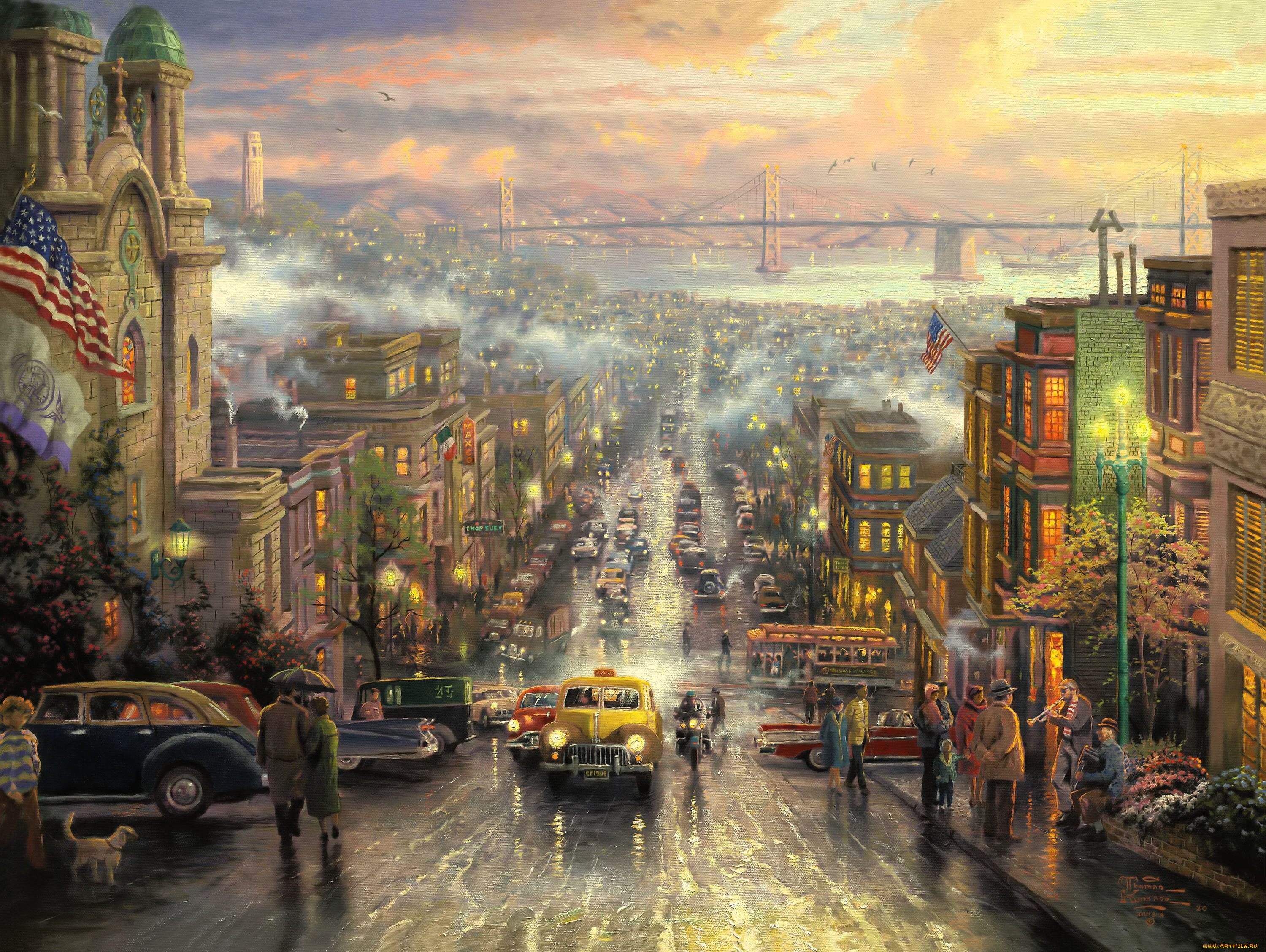 рисованное, thomas, kinkade, сан-франциско, город, улицы, люди, транспорт