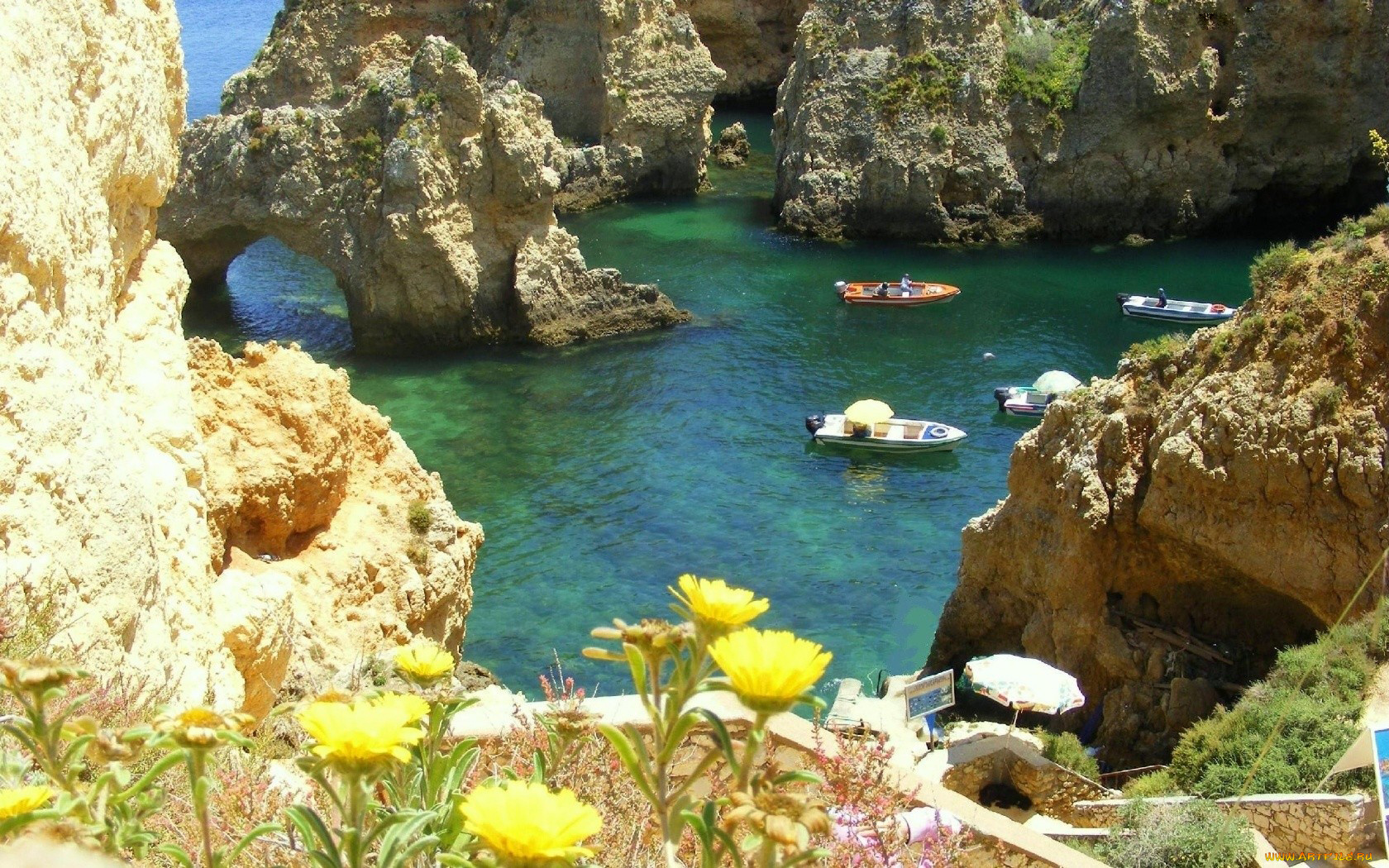 природа, побережье, залив, скалы, лодки