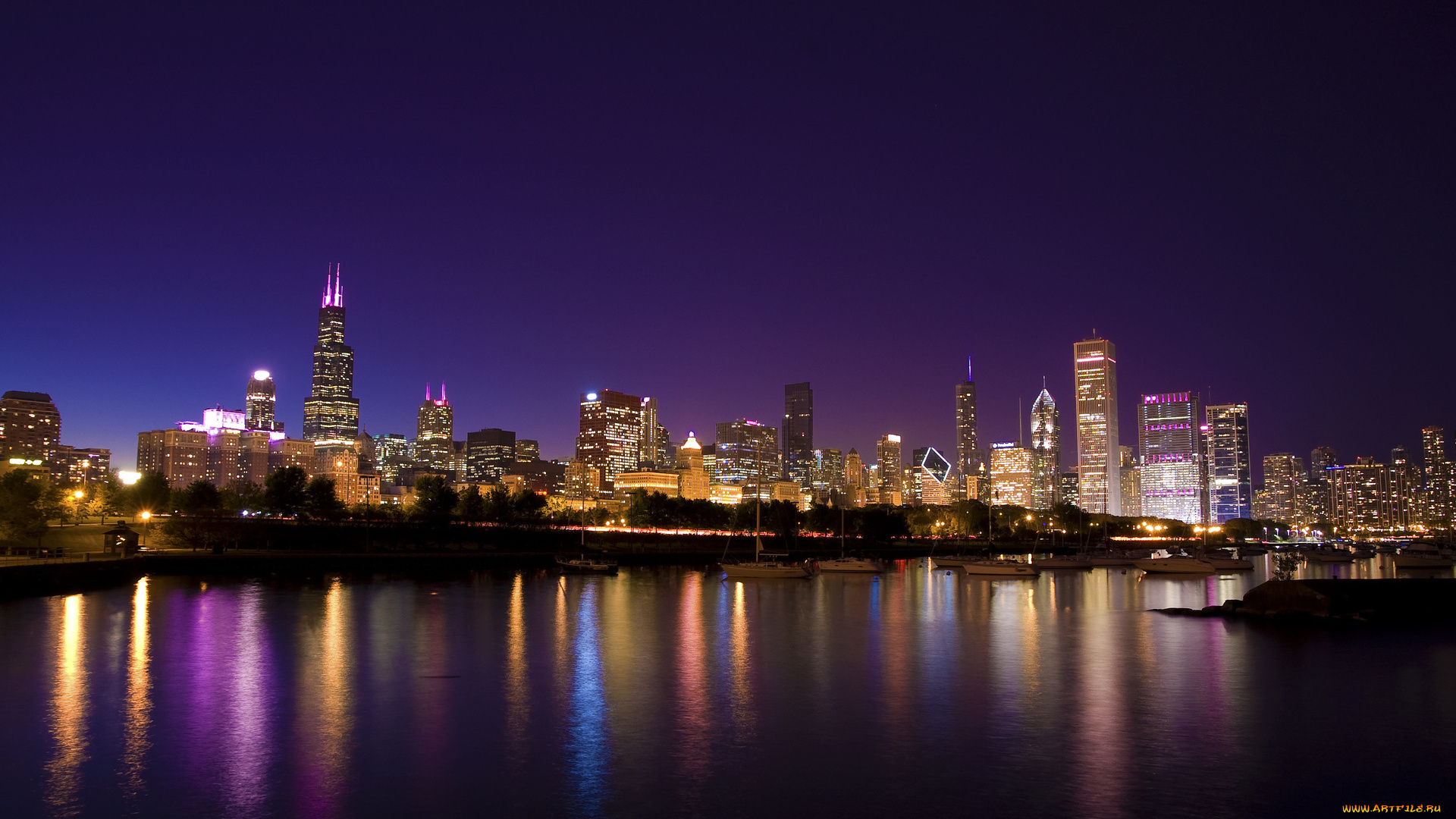 города, Чикаго, , сша, набережная, вечер, usa, яхты