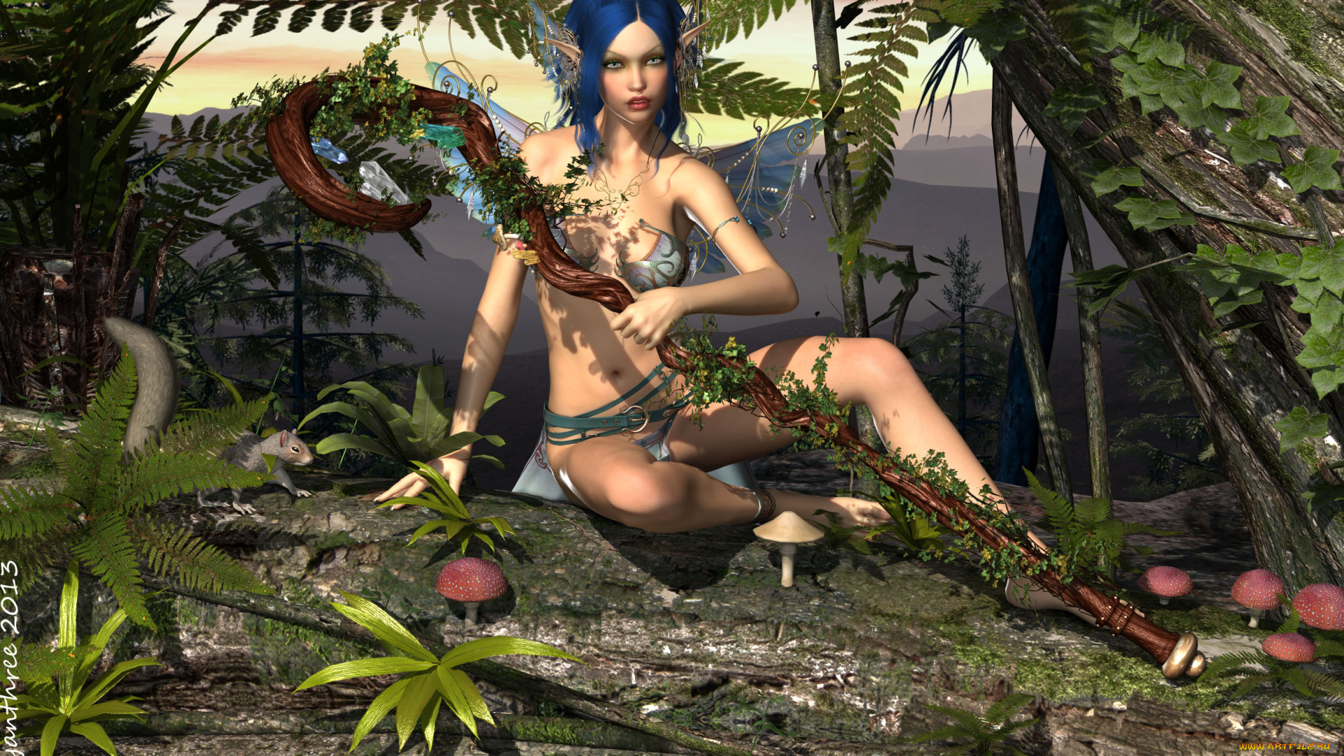 3д, графика, эльфы, , elves, грибы, лес, шест, фон, взгляд, эльфийка