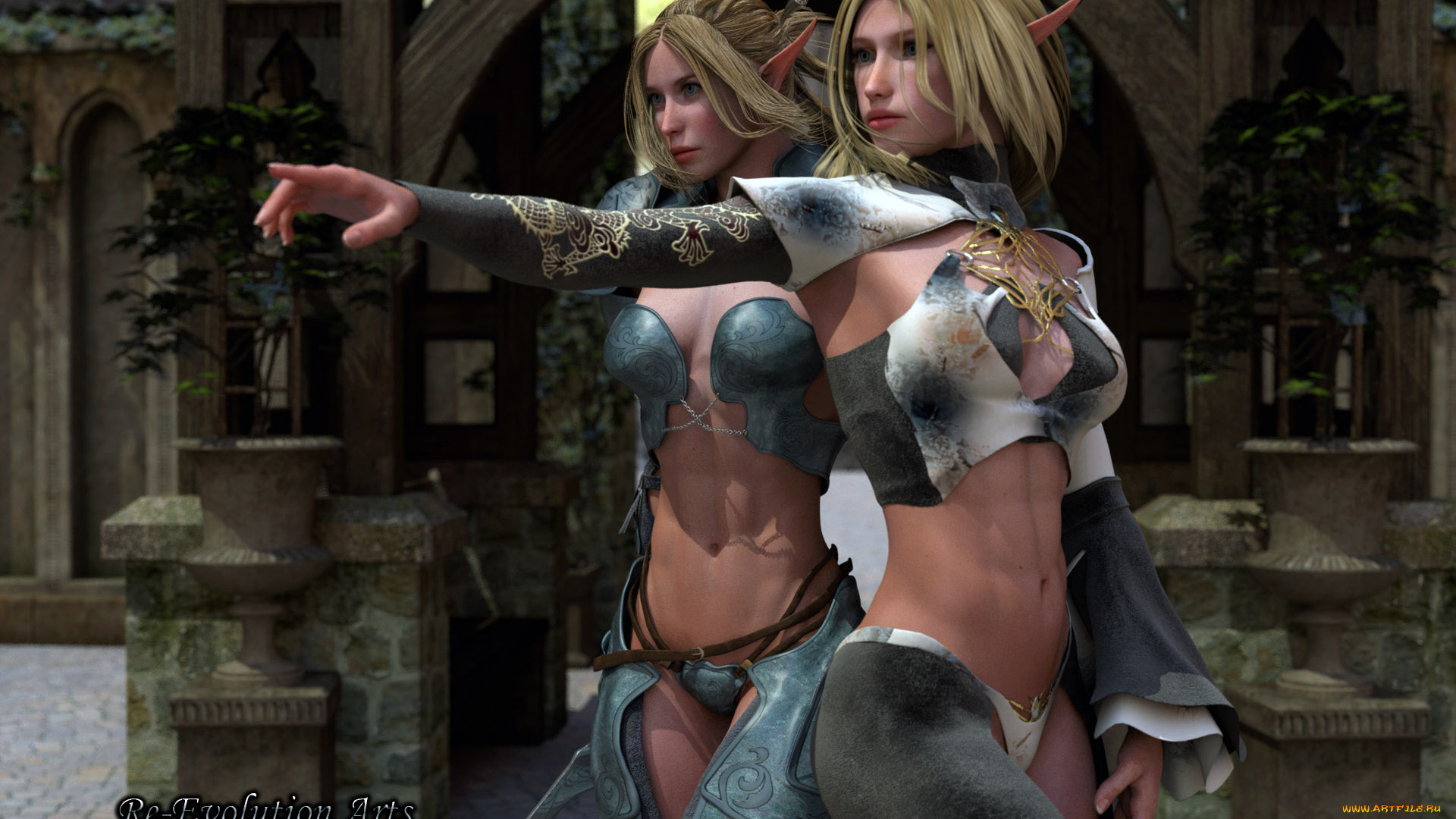 3д, графика, эльфы, , elves, жест, фон, взгляд, эльфийки